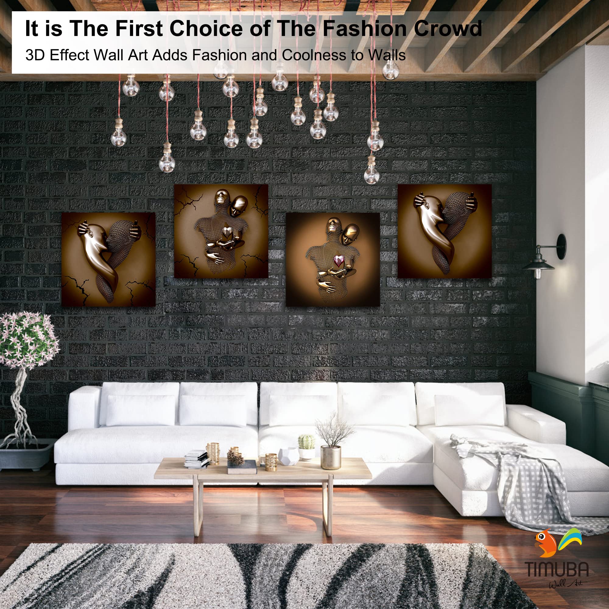 4 Piece Set 3D Canvas Wall Art - Love Heart Gray Modern Framed Painting, Hugging Couple & Kissing Design for Bedroom Decor (20