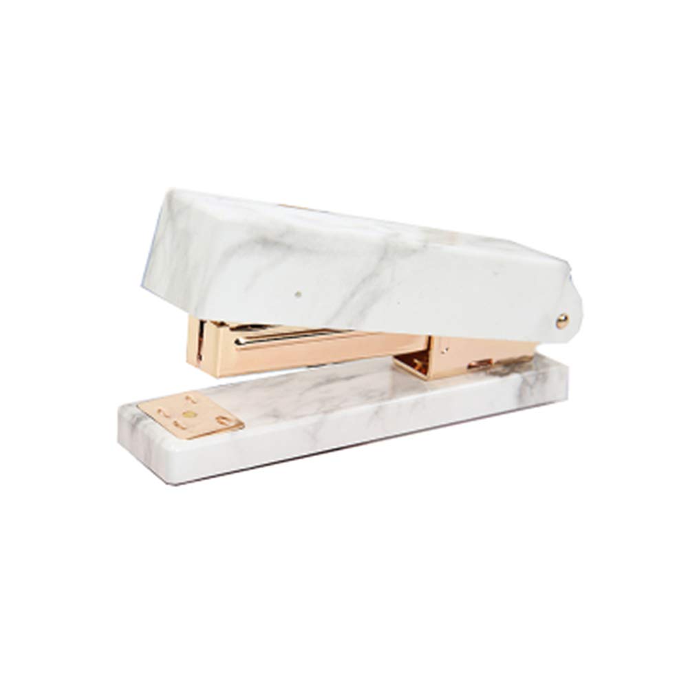 White Marble Print Manual Stapler with Gold Tone Rod - Office, School & Home Desktop Accessory for Paper Stapling, Document Organization & Desk Decor