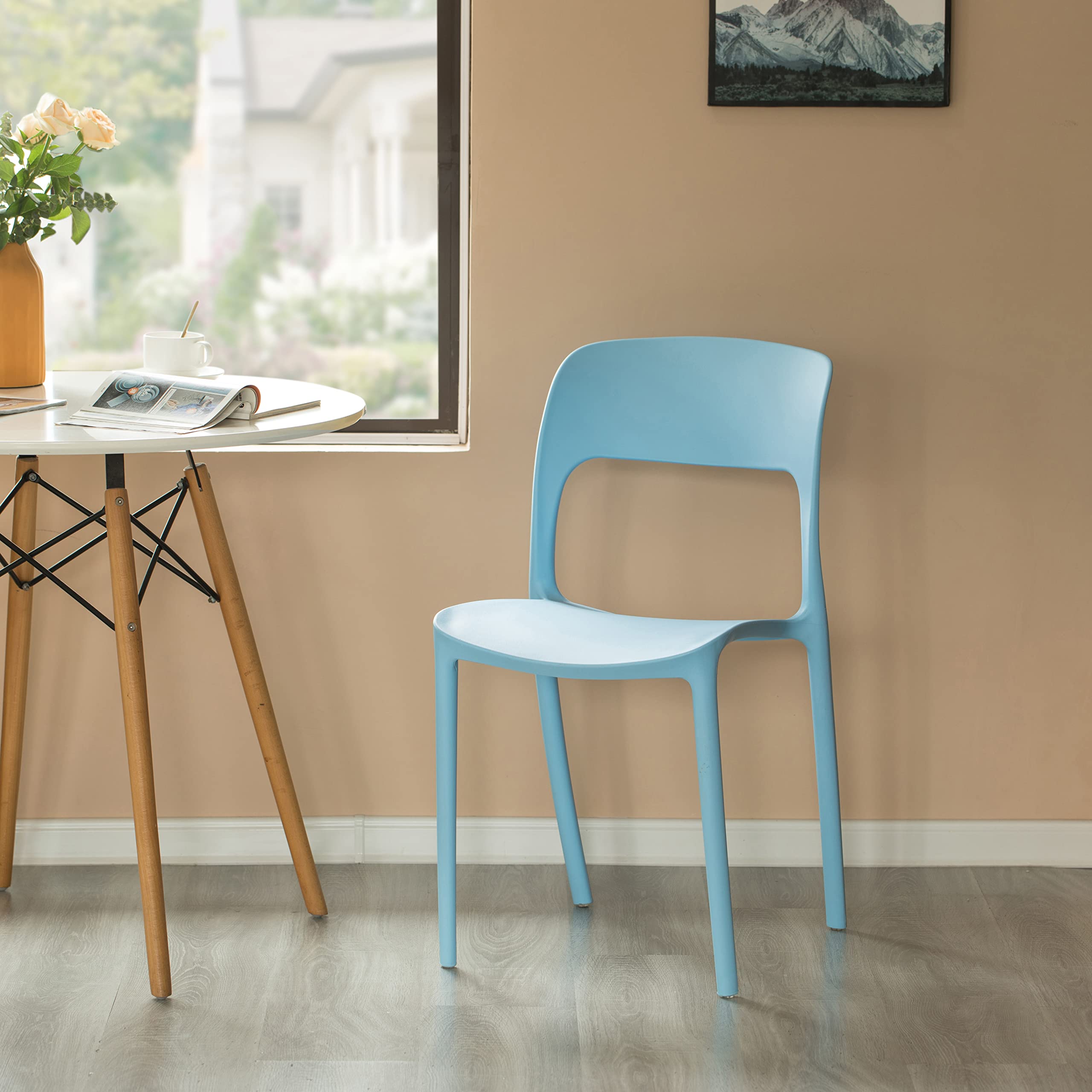 Fabulaxe Modern Plastic Outdoor Dining Chair with Open Curved Back - Lightweight & Weather-Resistant Patio Furniture for Garden, Poolside, and Backyard Dining (Blue)