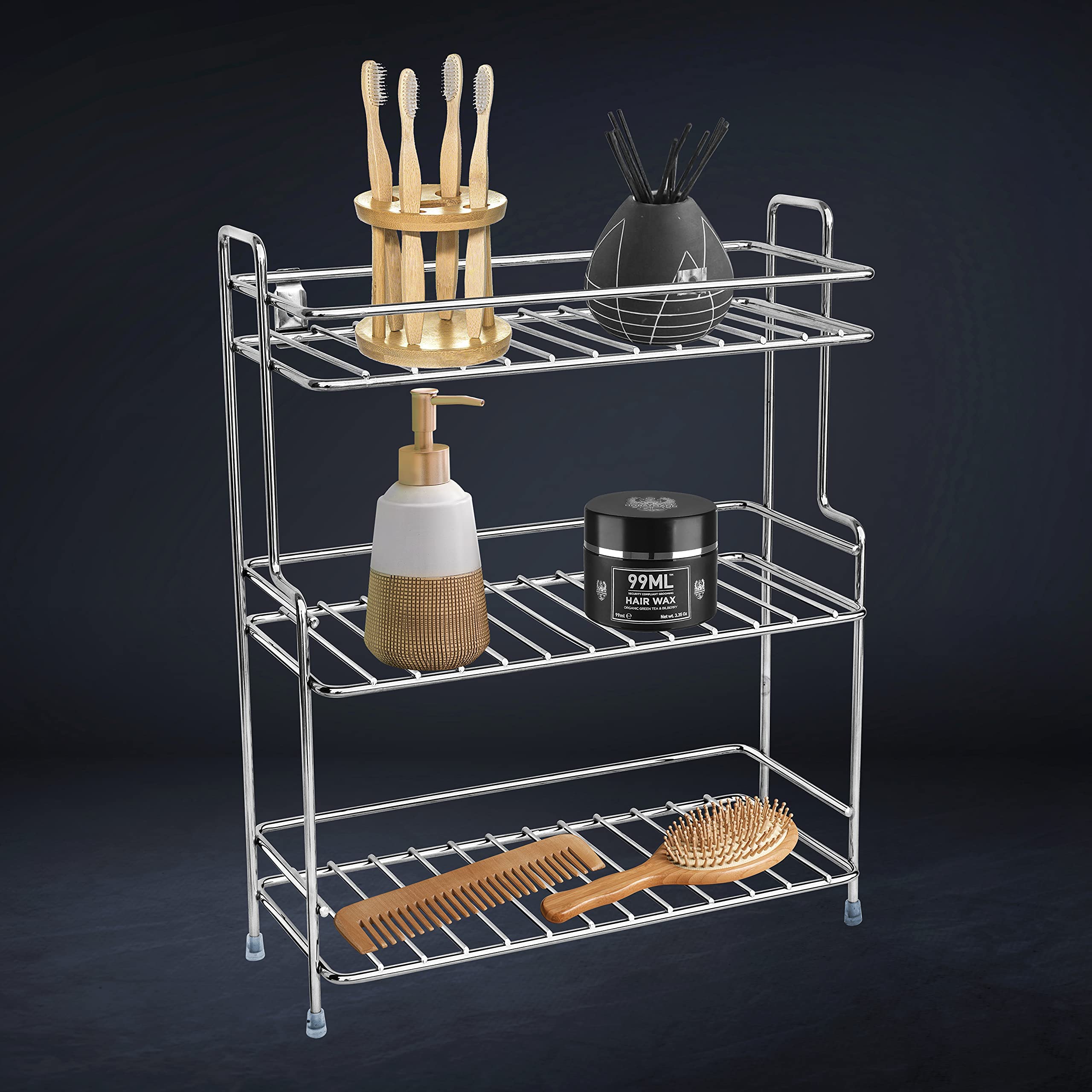 Plantex Stainless Steel Bathroom Shelf - Stackable Organizer Rack for Bathroom & Kitchen Storage - Chrome Silver Bathroom Accessories - Perfect for Shower, Vanity & Closet Organization