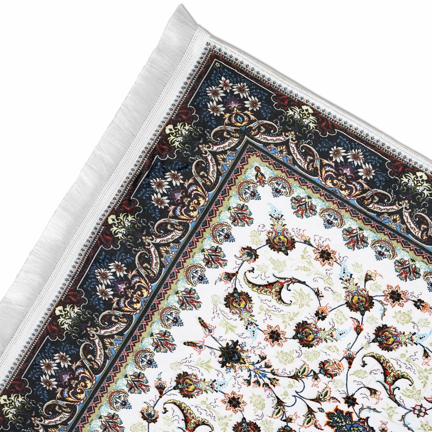 Premium Islamic Prayer Mat - White & Navy Floral Design Prayer Rug for Muslims - Perfect for Home, Mosque & Travel Use