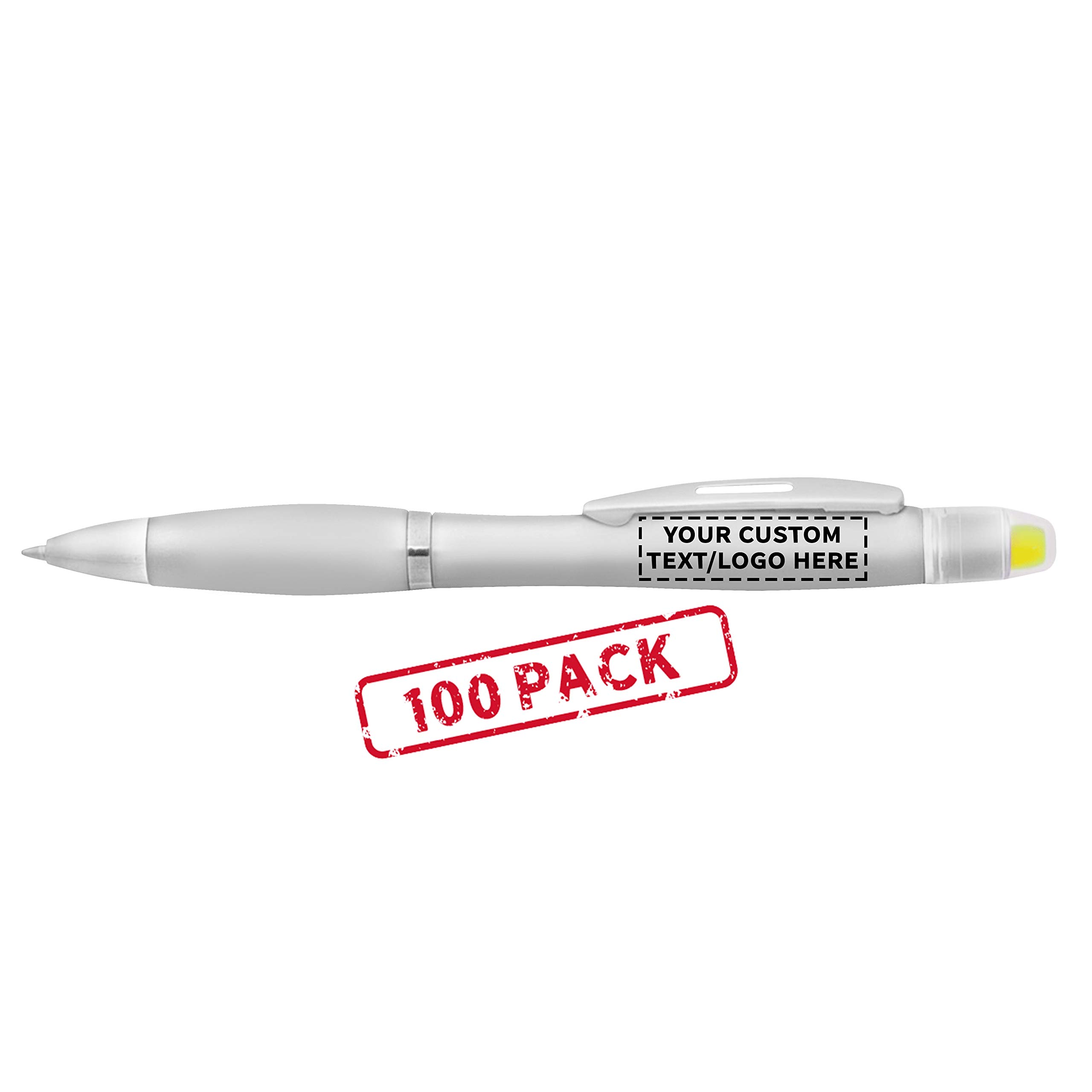100 Pack Marathon Gel Highlighter Pens - Customizable Text & Logo - Twist Mechanism Ballpoint Pens - Silver - Perfect for Office, School, Study & Note Taking
