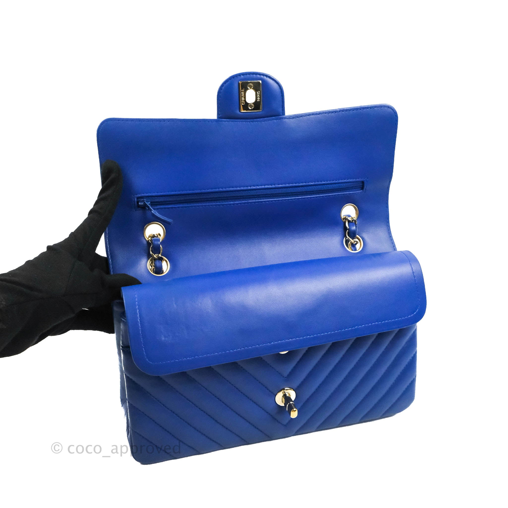 Chanel Classic M/L Medium Chevron Double Flap Bag in Blue Lambskin with Gold Hardware - Luxury Handbag for Women, Perfect for Parties, Dating & Special Occasions