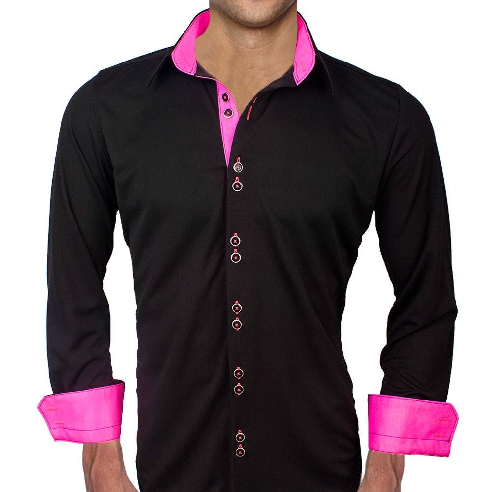 Black & Neon Pink Moisture-Wicking Dress Shirt for Men | Breathable Quick-Dry Business Casual Shirt | Made in USA | Perfect for Office Work, Summer Travel & Outdoor Events