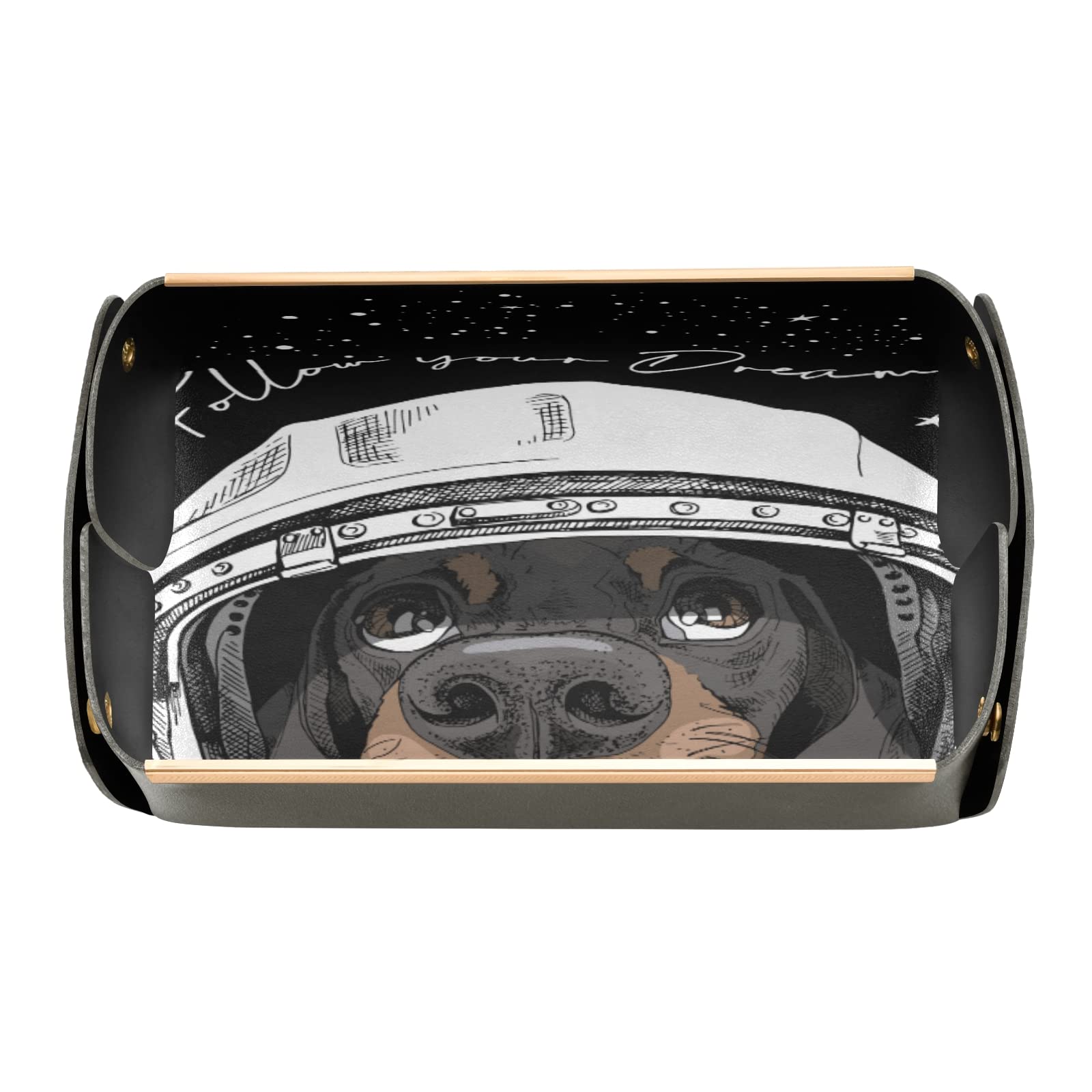Funny Dachshund Astronaut Leather Valet Tray - Retro Catchall Organizer for Jewelry, Keys, Coins, Watches & Candy | Perfect for Bedside, Entryway & Desk Organization