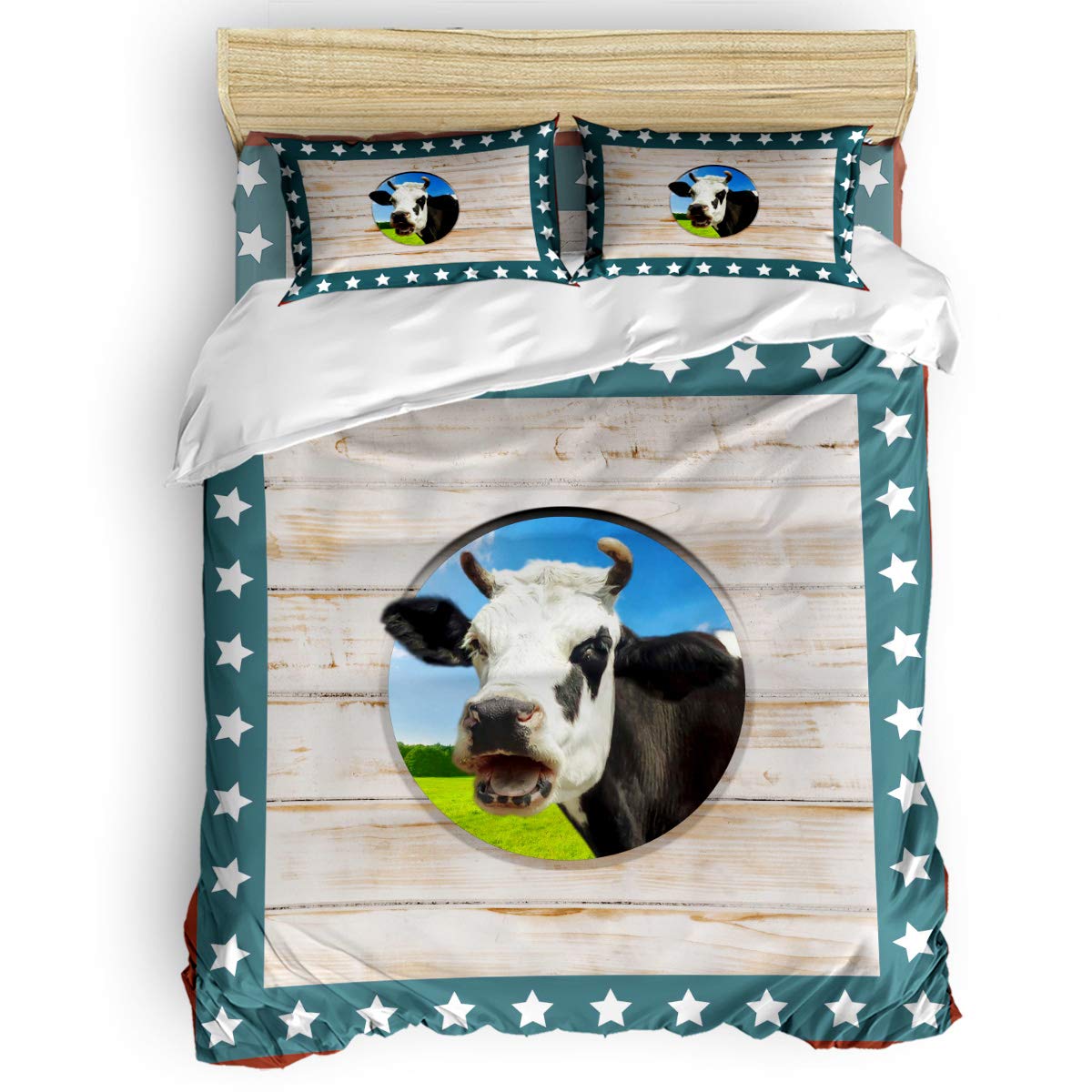 4th of July Patriotic Bedding Set - Farm Dairy Cattle Themed Comforter, Duvet Cover, Sheets & Pillowcases for Kids & Adults - Stars & Wood Grain Design Twin Size | Perfect for Independence Day Decor & Farmhouse Style Bedrooms