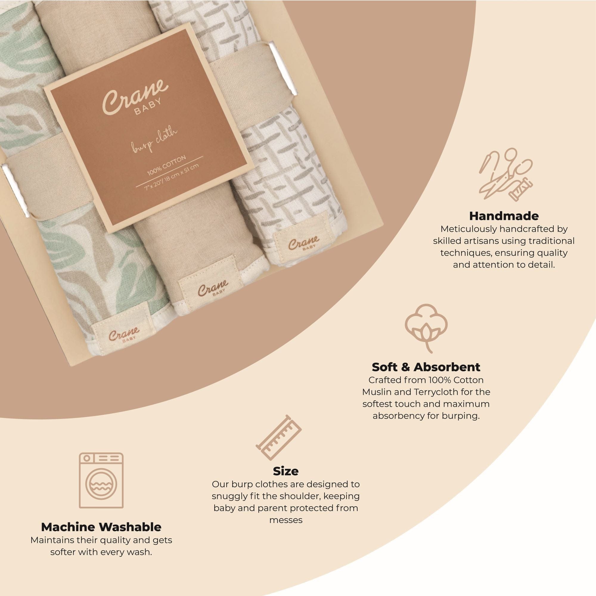 Crane Baby Cove 3-Piece Baby Burp Cloth Set - Soft Absorbent Bibs for Newborns & Infants - Perfect for Feeding, Spit-Up & Messy Moments