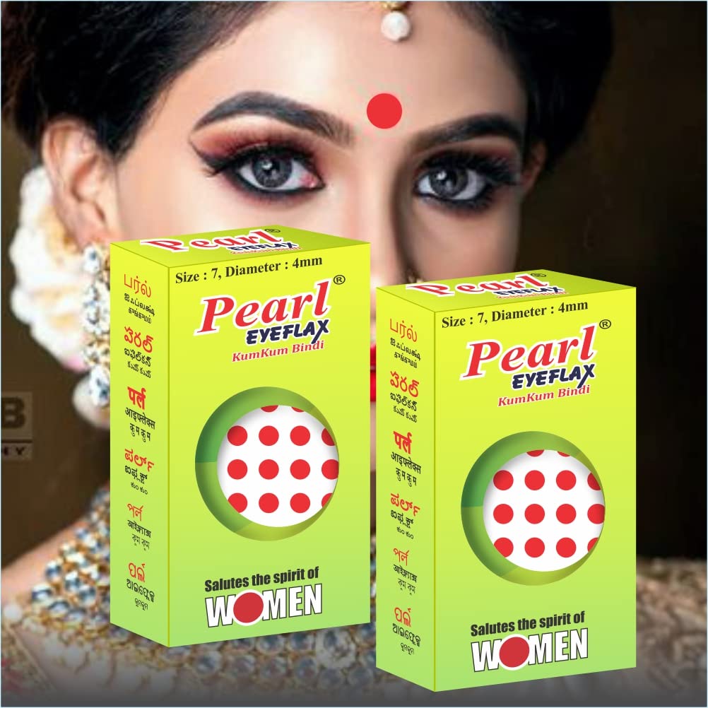 Authentic Pearl Eyeflax Kumkum Bindi - Red Round Pack of 2 (15 Flaps Each, 7mm Size, 4mm Diameter) - Perfect for Indian Weddings, Festivals & Cultural Events