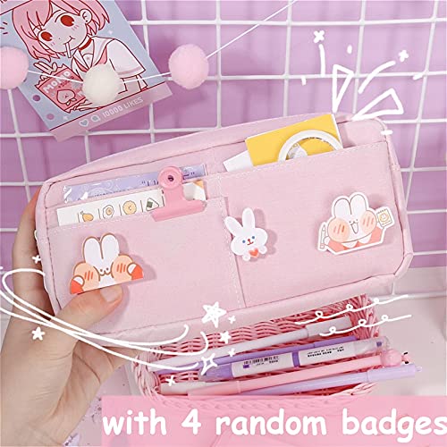 Cute Large Canvas Pencil Case for School - Kawaii Stationery Organizer & Makeup Pouch for Girls, Kids Gift with Badge (Green) - Perfect for School Supplies, Art Storage & Travel Essentials