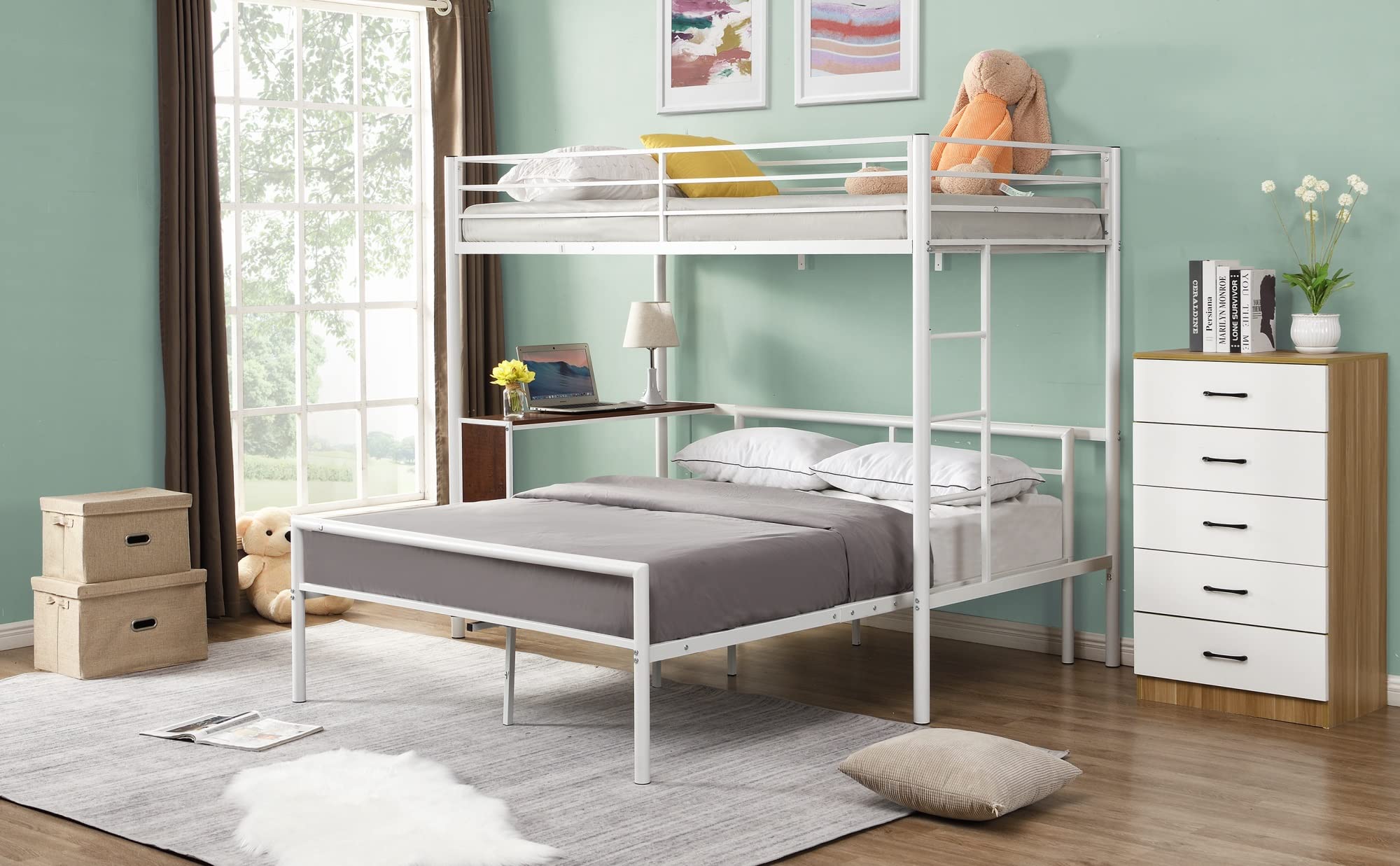 LSHIRT Twin Over Full Metal Bunk Bed with Built-in Desk & Full Platform Bed - White, Easy Assembly | Space-Saving Solution for Kids' Rooms, Dorms & Small Apartments