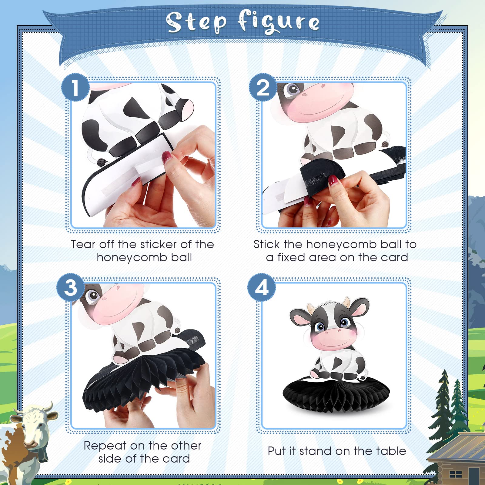 Outus 8-Piece 3D Cow Honeycomb Centerpieces for Farm Animal & Western Theme Parties - Perfect for Birthday Decorations, Table Centerpieces, and Barnyard Party Supplies