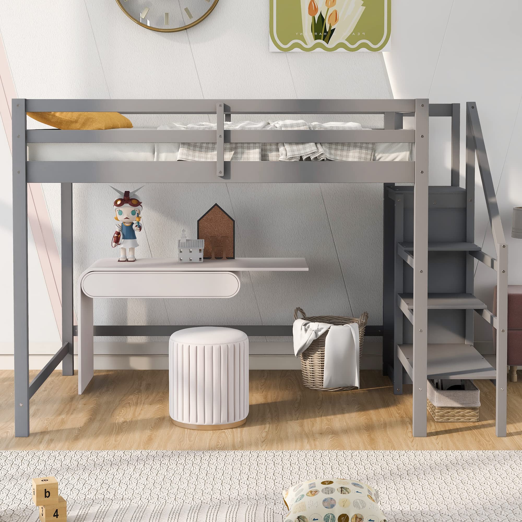 KLMM Full Size Loft Bed with Built-in Storage Wardrobe & Staircase - Modern Solid Wood Loft Bed Frame with Safety Guard Rail - No Box Spring Needed (Gray/Storage+F) - Perfect for Small Spaces, Dorms, Apartments & Kids' Rooms
