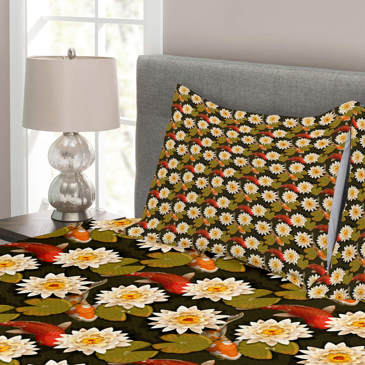 Ambesonne Japanese Koi Fish & Lotus Flower Bedspread Set - 3 Piece King Size Bedding with 2 Pillow Shams, Burnt Sienna Orange - Asian Inspired Home Decor for Bedroom, Living Room, or Guest Room