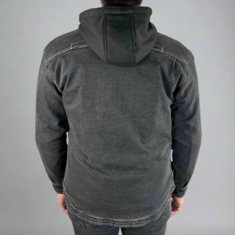 Men's Armored Denim Shirt with Removable Hoodie - Stylish Protective Jacket for Motorcycle Riding & Outdoor Adventures