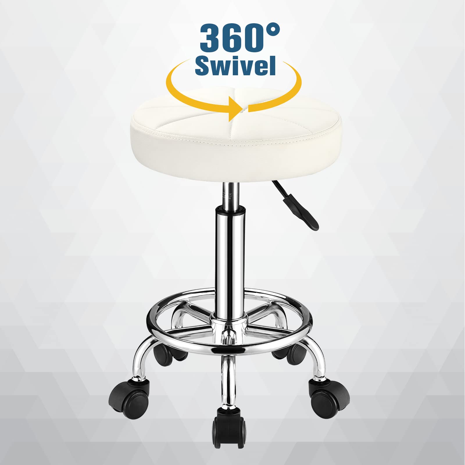 Adjustable Height Swivel Rolling Stool with Wheels - PU Leather Round Stool for Office, Kitchen, Salon & Home Use - White