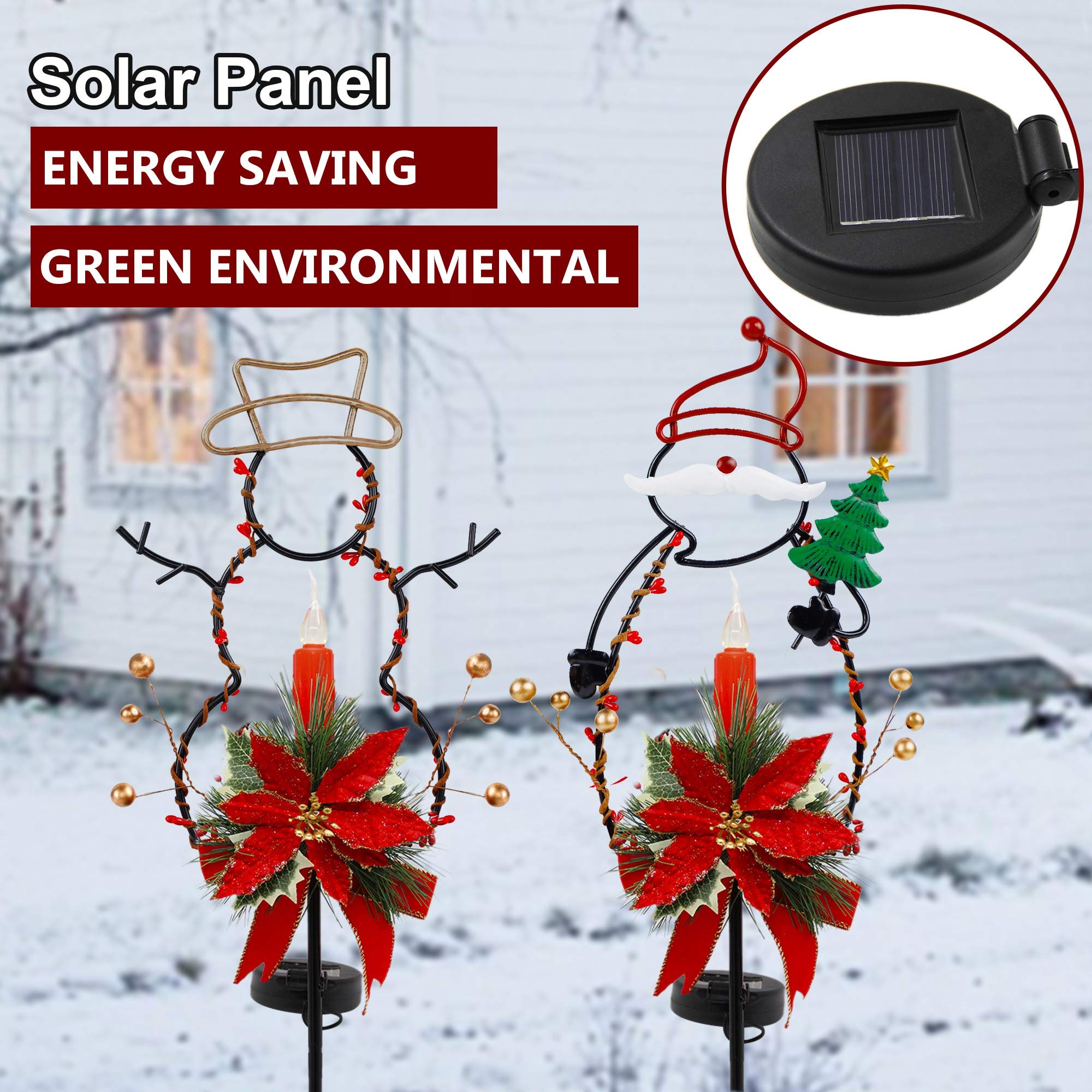 FORUP Solar Christmas Yard Decorations - Outdoor LED Solar Powered Candle Lights for Xmas Pathway, Metal Solar Garden Stake Lights with Snowman & Santa Designs - Set of 2 - Perfect for Holiday Lawn Decor, Garden Accents & Festive Outdoor Lighting