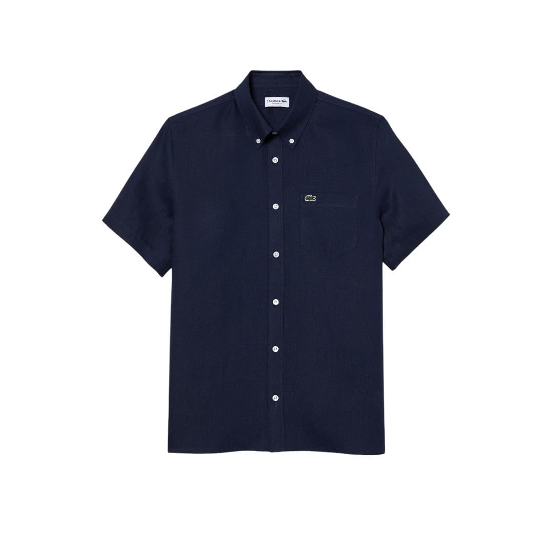 Lacoste Men's Short Sleeve Linen Button Down Shirt - Classic Regular Fit with Front Pocket - Perfect for Casual Wear, Office & Summer Outings