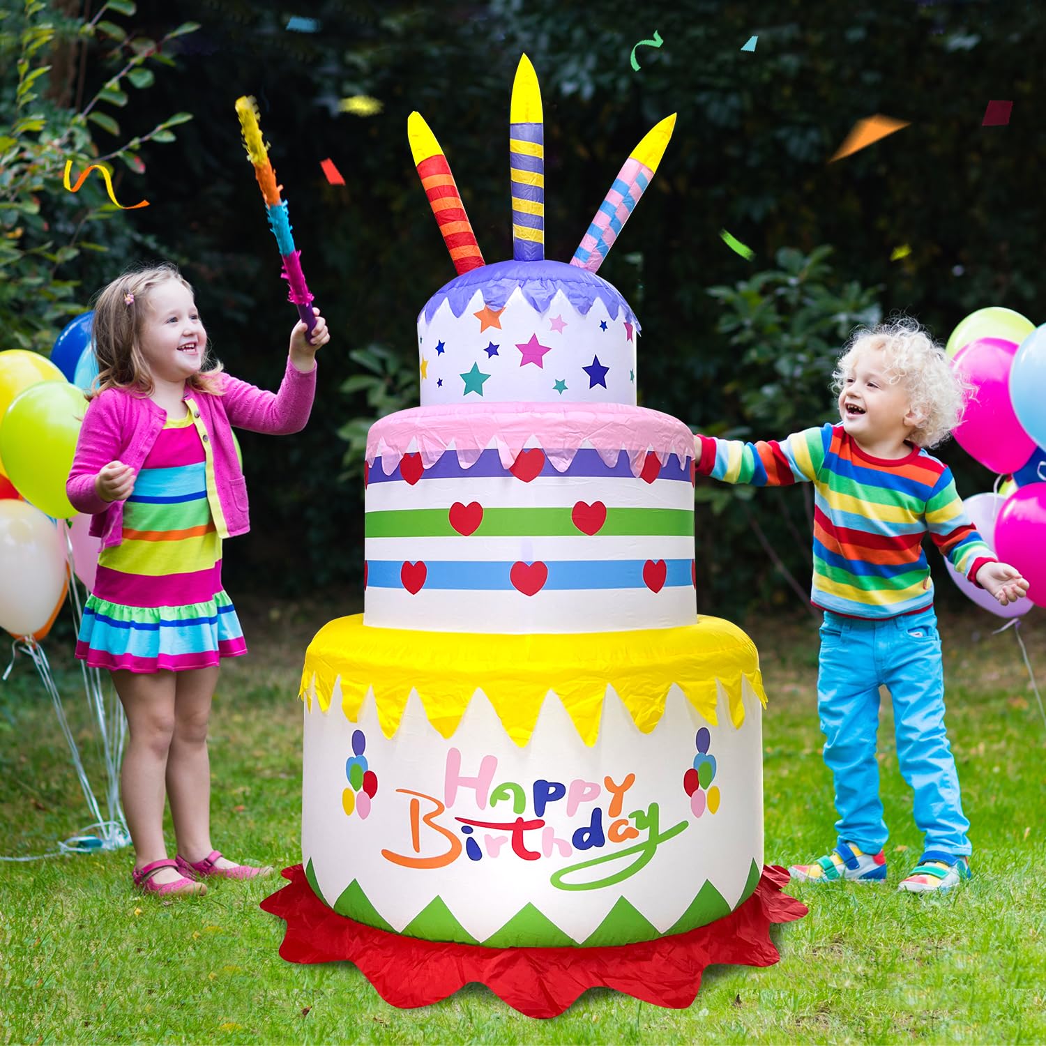 DomKom 6FT Inflatable Birthday Cake with LED Lights - Outdoor/Indoor Party Decor for Garden, Lawn & Yard | Perfect for Birthday Celebrations, Anniversaries & Special Events