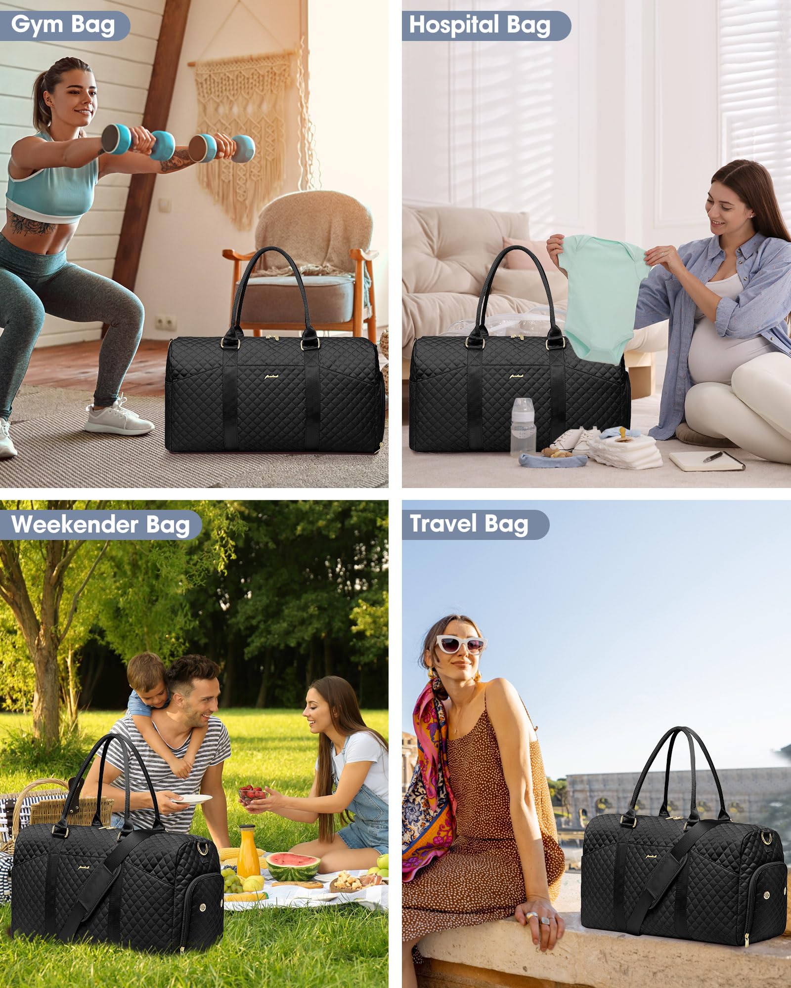 **Women's Large Weekender Travel Duffle Bag with Shoe Compartment & Wet Pocket - Carry-On Overnight Gym Yoga Hospital Bag for Women, Includes Toiletry Bag - Perfect for Travel, Workouts & Weekend Getaways (Black)**