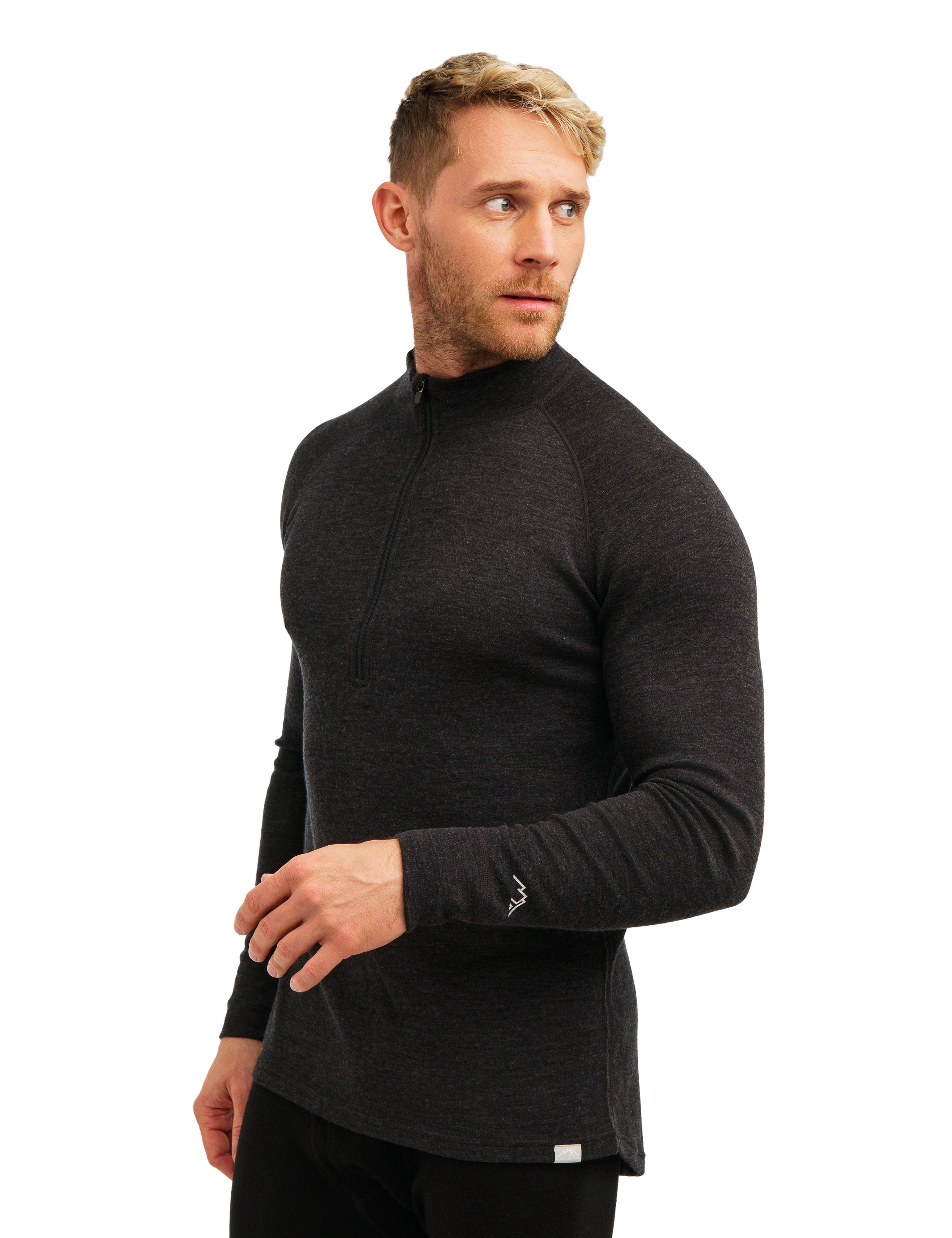 Men's Merino Wool Half Zip Long Sleeve Sweater 320 GSM - Charcoal Grey - Warm & Breathable Base Layer for Hiking, Camping & Winter Outdoor Activities