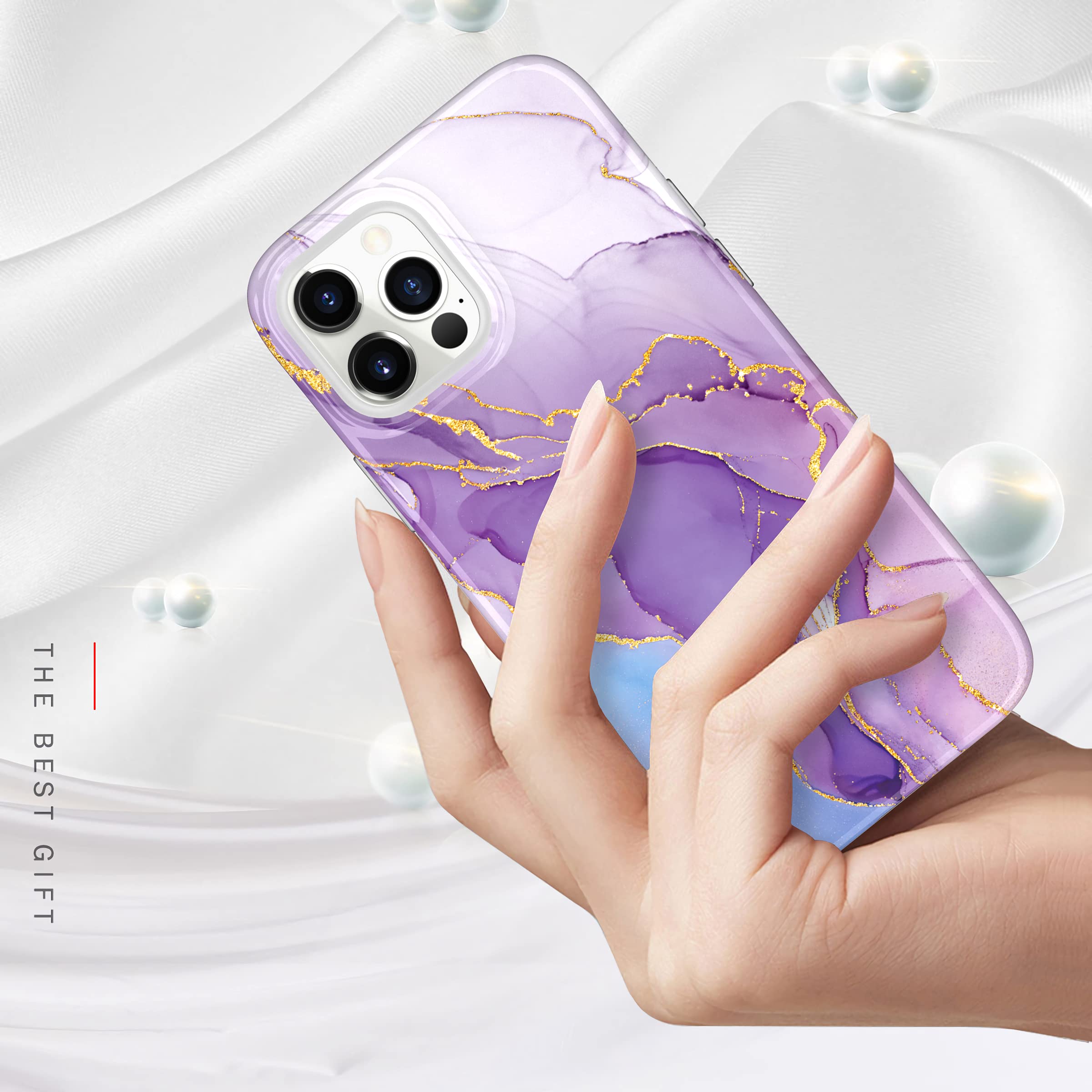 BAISRKE iPhone 12 Pro Max Case 6.7 Inch - Sparkle Glitter Marble Design, Shockproof Flexible TPU Cover with Soft Bumper, Gold & Ornate Purple for Women | Perfect for Everyday Use, Office, and Special Occasions