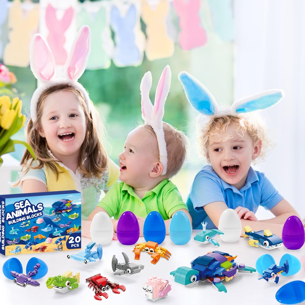 20pcs Prefilled Easter Eggs with Marine Animal Building Blocks - Fun Educational Toys for Kids, Easter Basket Stuffers, Classroom Prizes & Party Favors | Perfect for Easter Egg Hunts, Birthday Gifts & STEM Learning Activities
