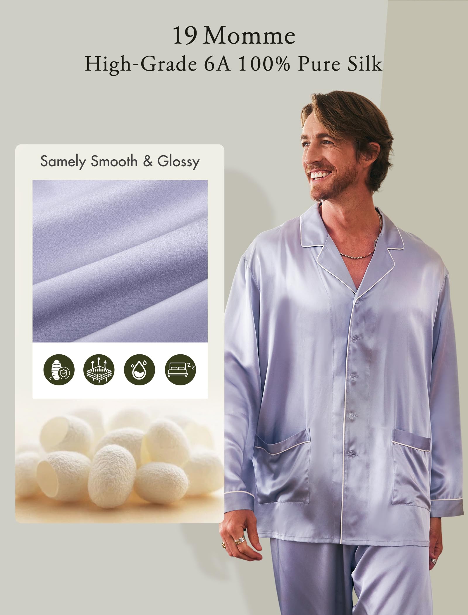 Luxury Men's Silk Pajamas Set - 2PC Long Sleeve Button-Down Sleepwear for Men | Soft & Breathable Silk PJs for Lounge, Sleep & Relaxation at Home