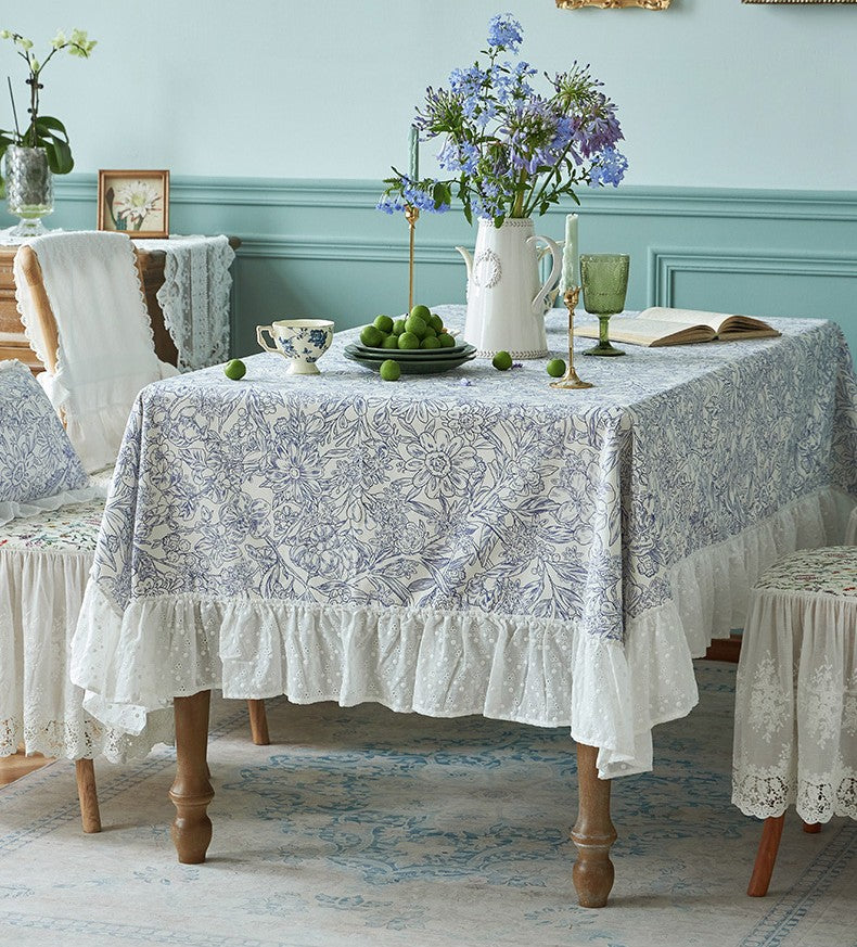 Natural Cotton Rectangle Tablecloth for Dining Room - Blue Floral Farmhouse Table Cover for Square or Round Tables | Perfect for Spring Decor, Dinner Parties & Everyday Use