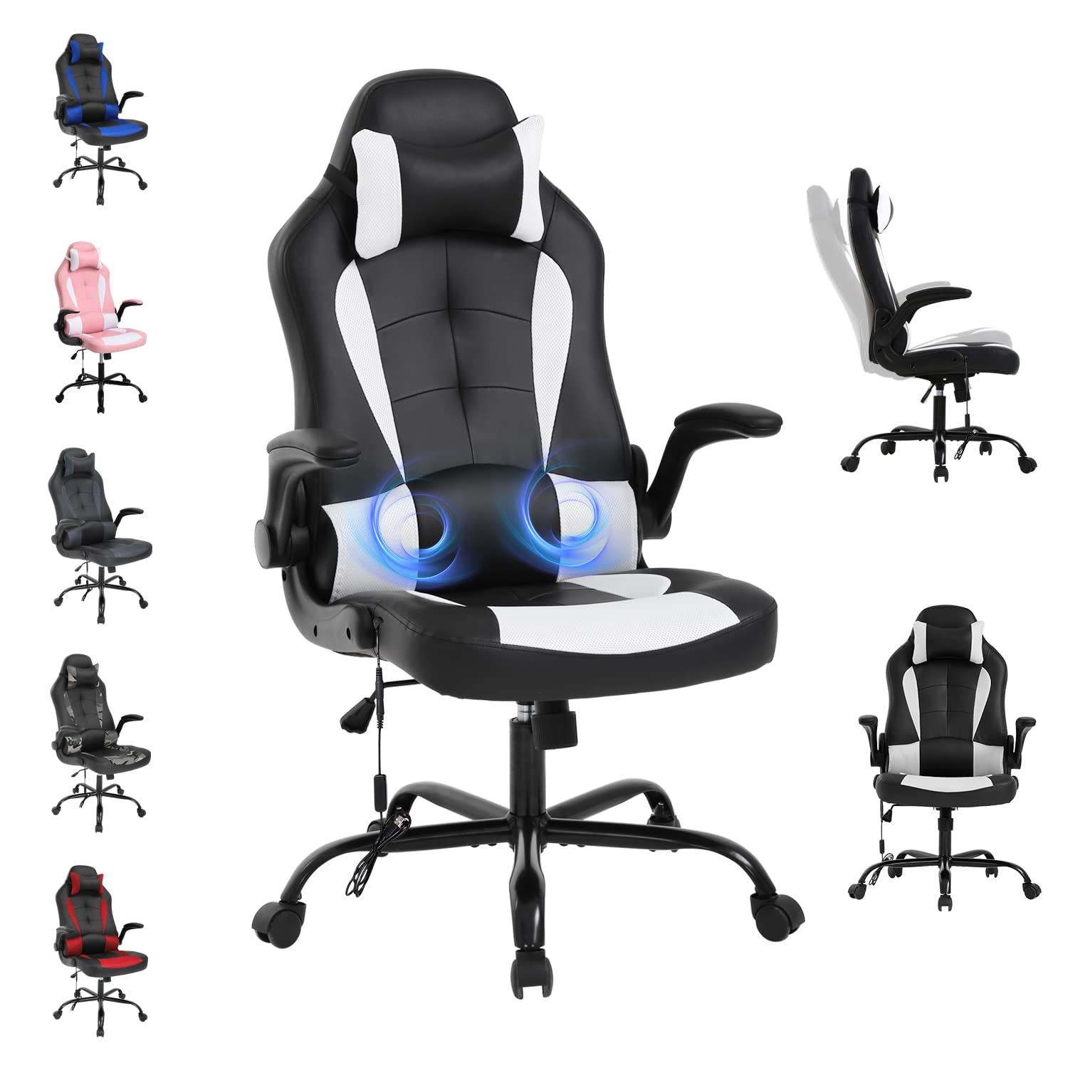 Premium Ergonomic Gaming Chair - High Back Racing Office Chair with Massage & Adjustable Features, PU Leather Executive Computer Chair for Gamers & Professionals, White - Perfect for Home Office, Gaming Setup & Workspace Comfort