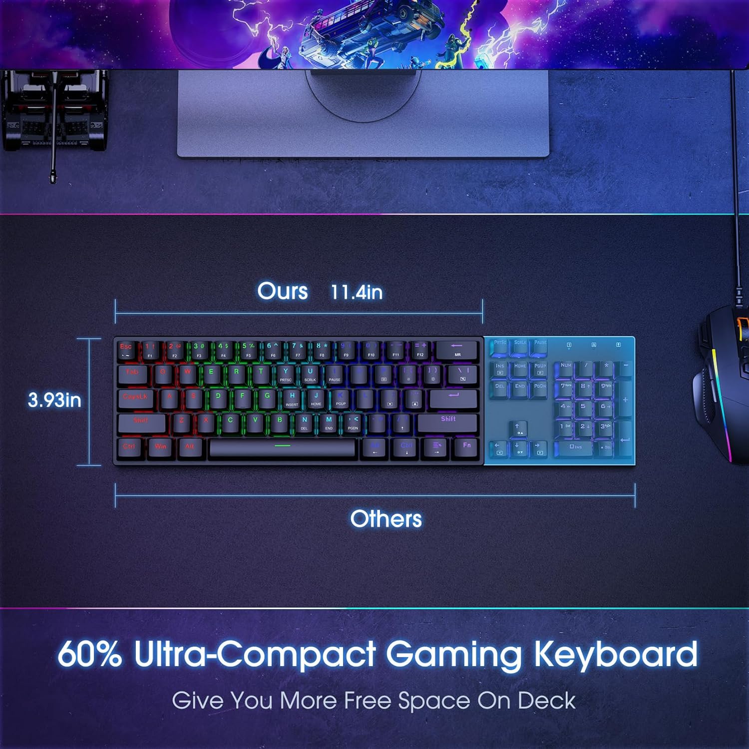 Portable 60% Mechanical Gaming Keyboard with Red Switches - Wired Ergonomic 61-Key Compact Keyboard for PC, Mac & Xbox - 18 LED Backlit Mini Office Keyboard (Black/White) - Perfect for Travel, Gaming & Work
