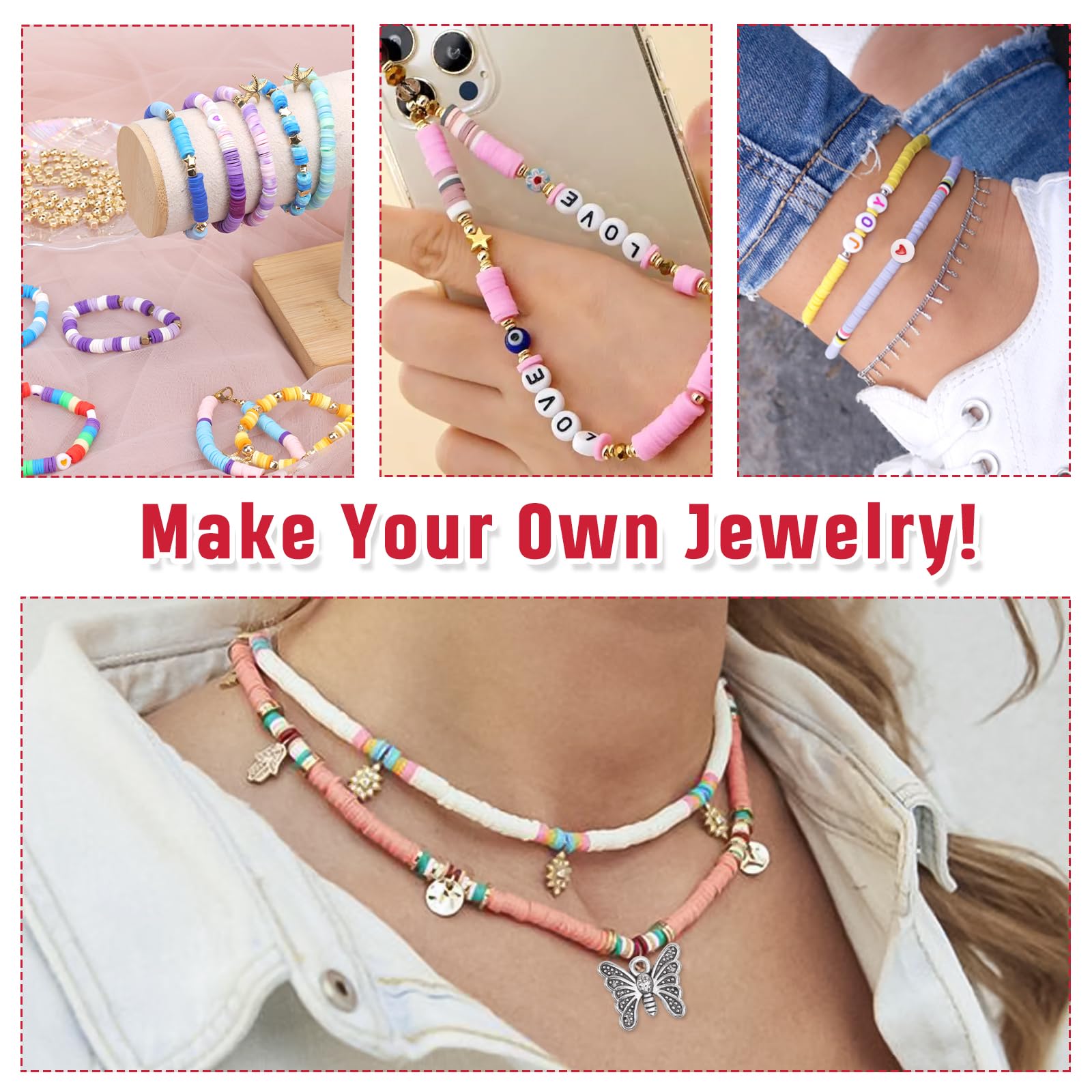 QUEFE 7580pcs 56 Colors Polymer Clay Beads Bracelet Making Kit with Letter Beads & Charms - DIY Jewelry Craft Kit for Kids, Teens & Adults - Perfect for Birthday Gifts, Party Favors & Creative Projects