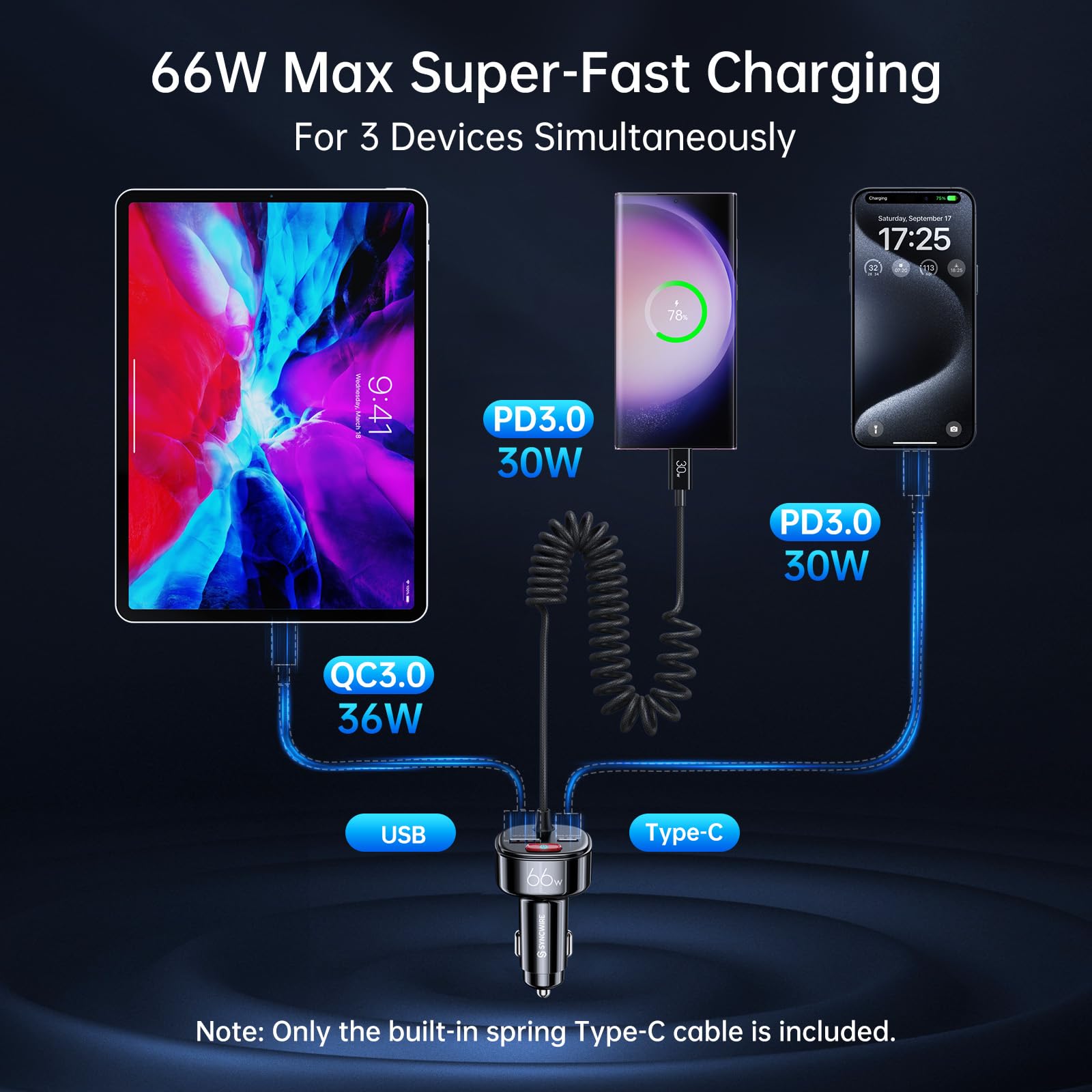 Syncwire 66W Super Fast USB C Car Charger with PD & QC 3.0 - 6FT Coiled Type C Cable - Compatible with iPhone 16/15 Series, Samsung Galaxy, Google Pixel, iPad Pro - Safe Battery Leakage Prevention - Perfect for Road Trips & Long Commutes