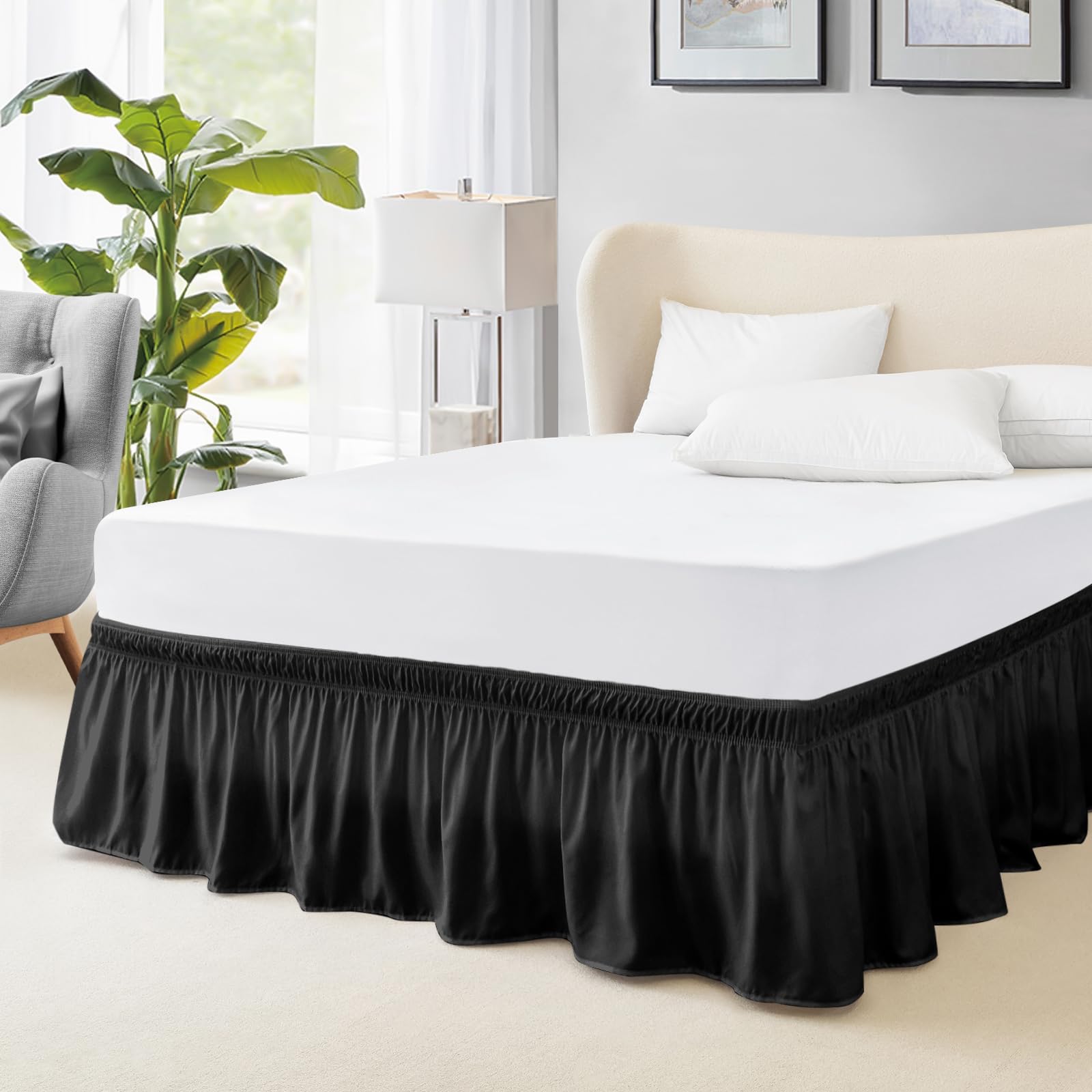 FreshCulture Queen Size Elastic Wrap Around Bed Skirt - 15-Inch Tailored Drop Dust Ruffle for Adjustable Beds | Hotel Quality Black Bed Skirt for Luxurious Bedroom Decor & Guest Room Styling