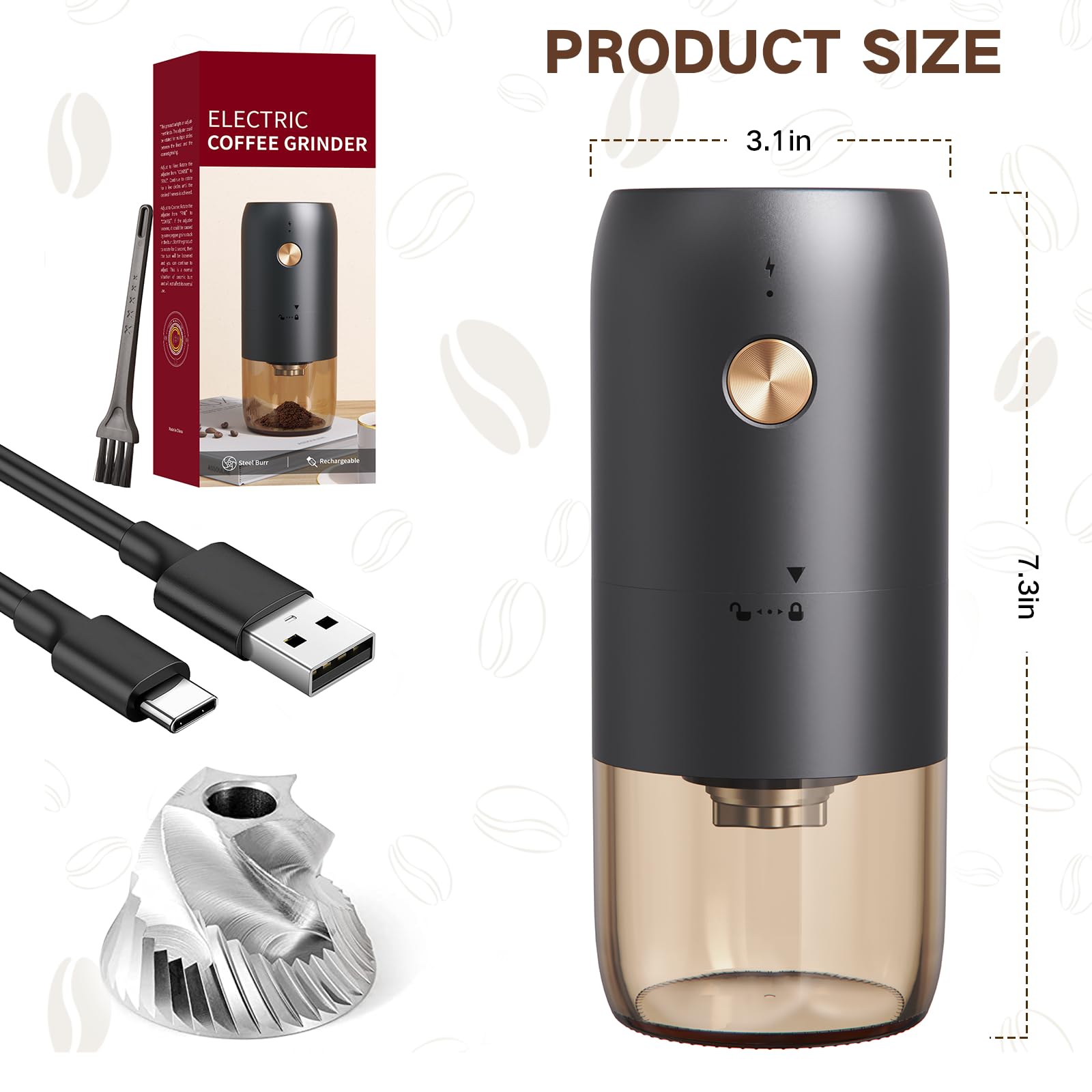 Premium Electric Coffee Grinder - Adjustable Stainless Steel Conical Burr Mill for Espresso, French Press & Cold Brew | Fast & Quiet Operation for Home, Office, Travel & Camping | Perfect Coffee Bean Grinder for Fresh Grounds Every Morning