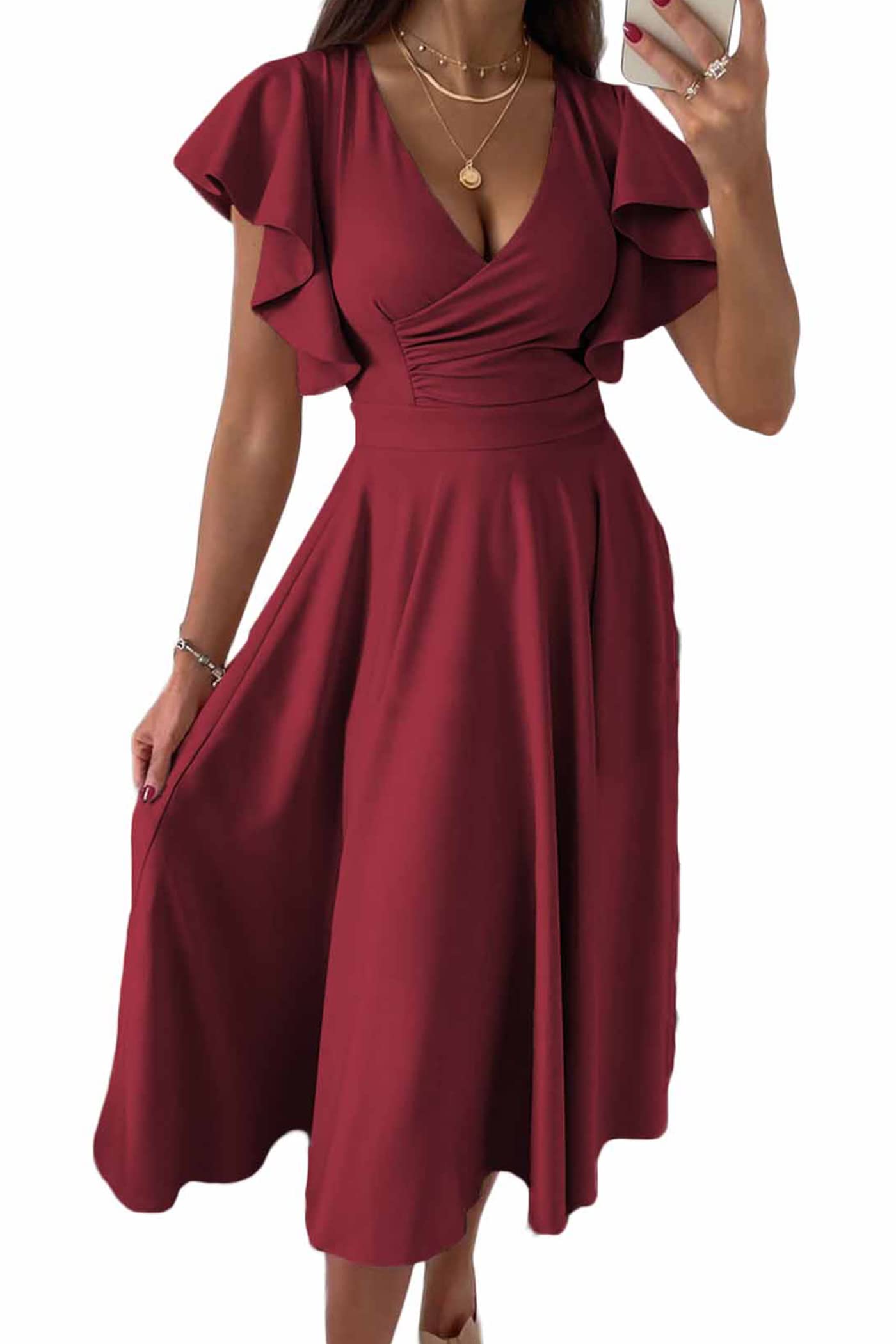 PRETTYGARDEN Women's Summer Midi Dress 2025 - Ruffle Sleeve V-Neck A-Line Cocktail Dress for Wedding Guest, Party & Spring Occasions | Flattering Fit & Flare Design for Casual Outings & Special Events