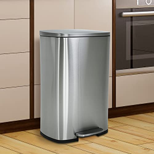 13 Gallon Stainless Steel Step Trash Can with Removable Plastic Inner Bucket & Lid - Large Capacity Kitchen Garbage Bin for Living Room, Office & Home Use