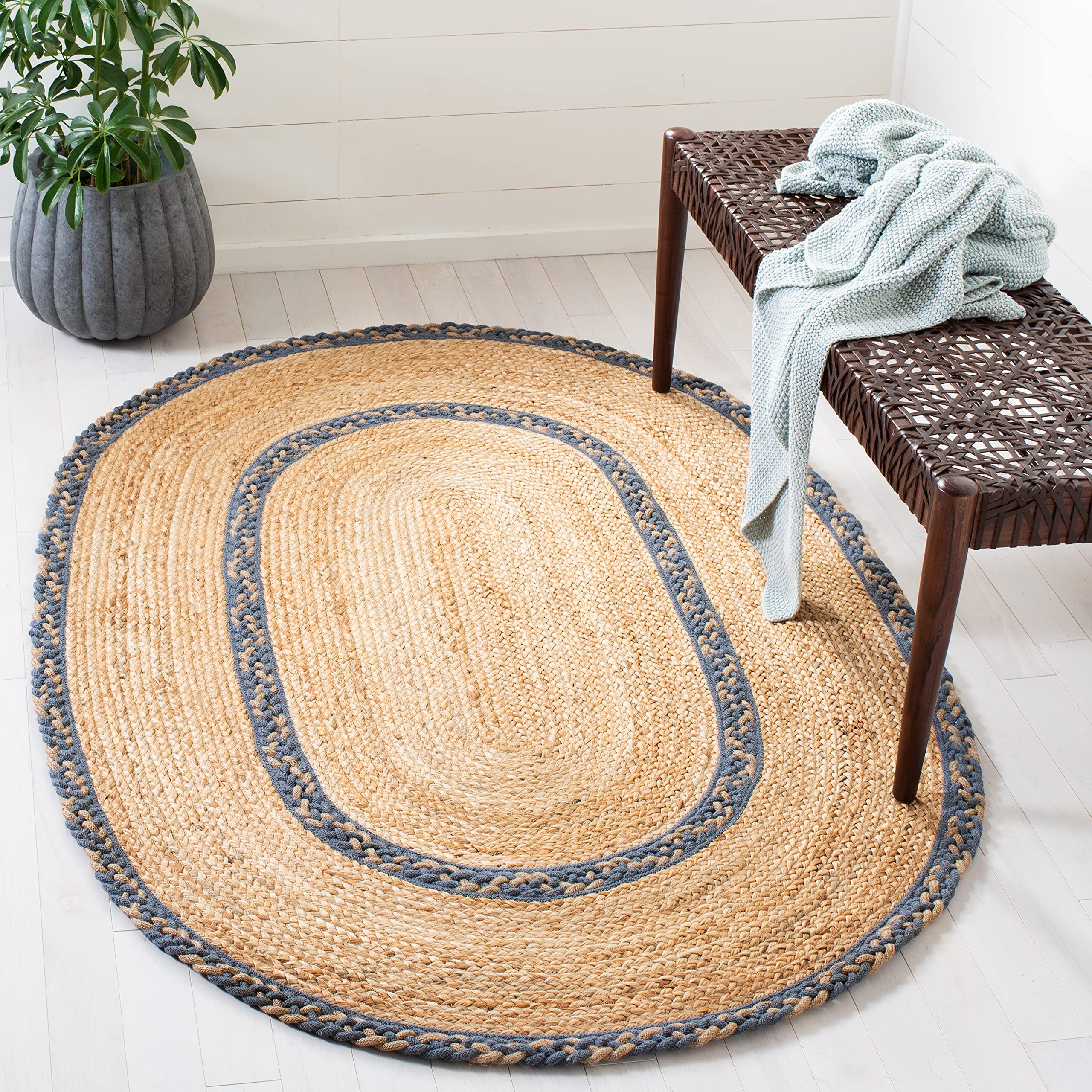 SAFAVIEH Handmade Jute Area Rug 7' x 9' Oval - Natural & Grey, Eco-Friendly Natural Fiber Collection for Living Room, Bedroom & High Traffic Areas | Durable Floor Covering for Home Decor (NFB260F)