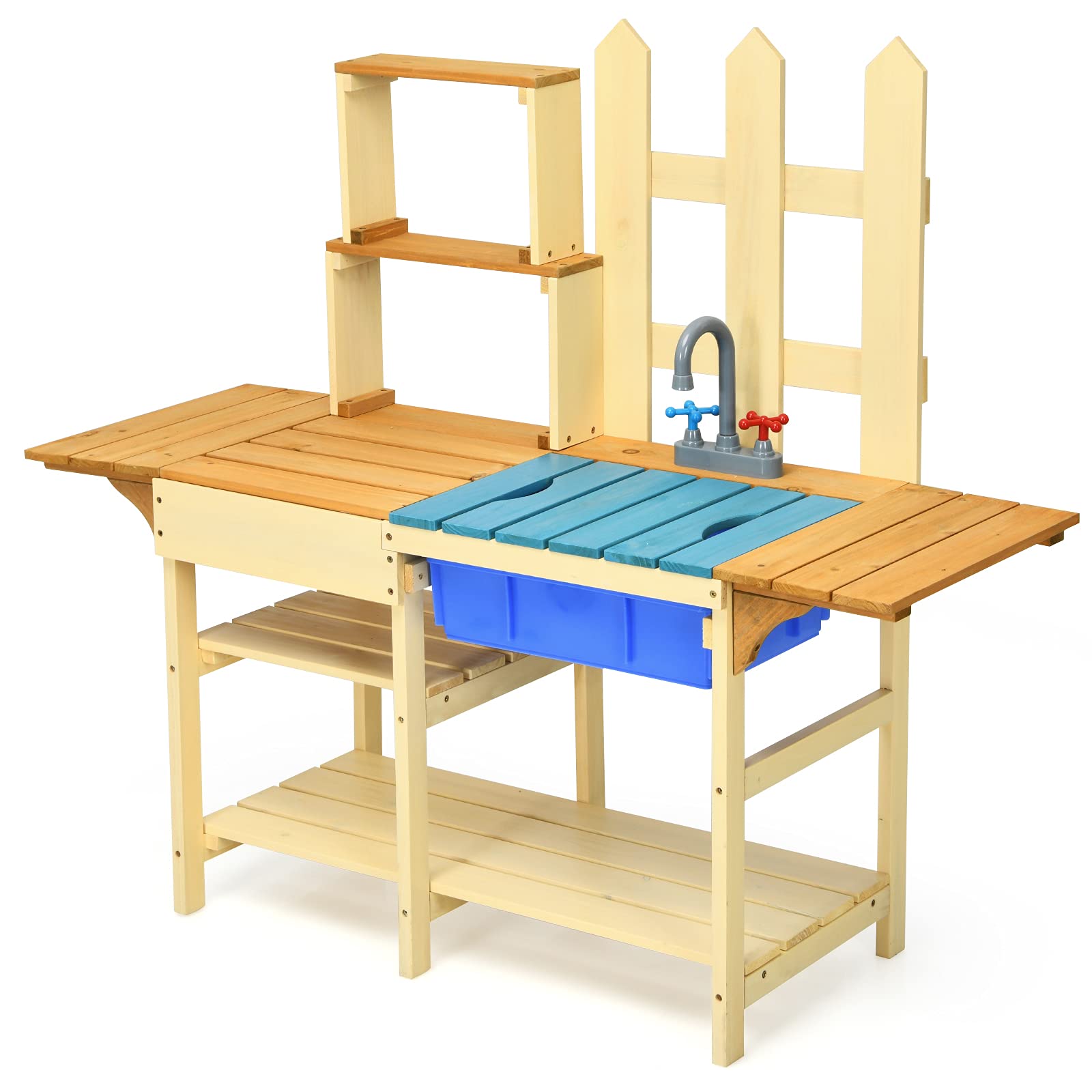 Costzon Kids Mud Kitchen Outdoor - Wooden Pretend Play Kitchen Set with Removable Sink, Faucet & Storage Shelves - Mud Table Playset for Boys & Girls Ages 3+ - Perfect for Backyard, Garden & Outdoor Pretend Play