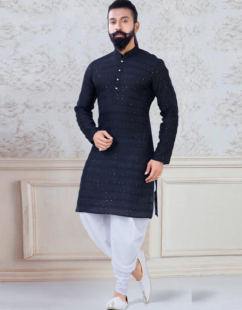 Elegant Black Kurta for Women - Georgette Fabric with Sequins & Thread Work - Peshawari Style - Perfect for Parties, Weddings & Festive Occasions