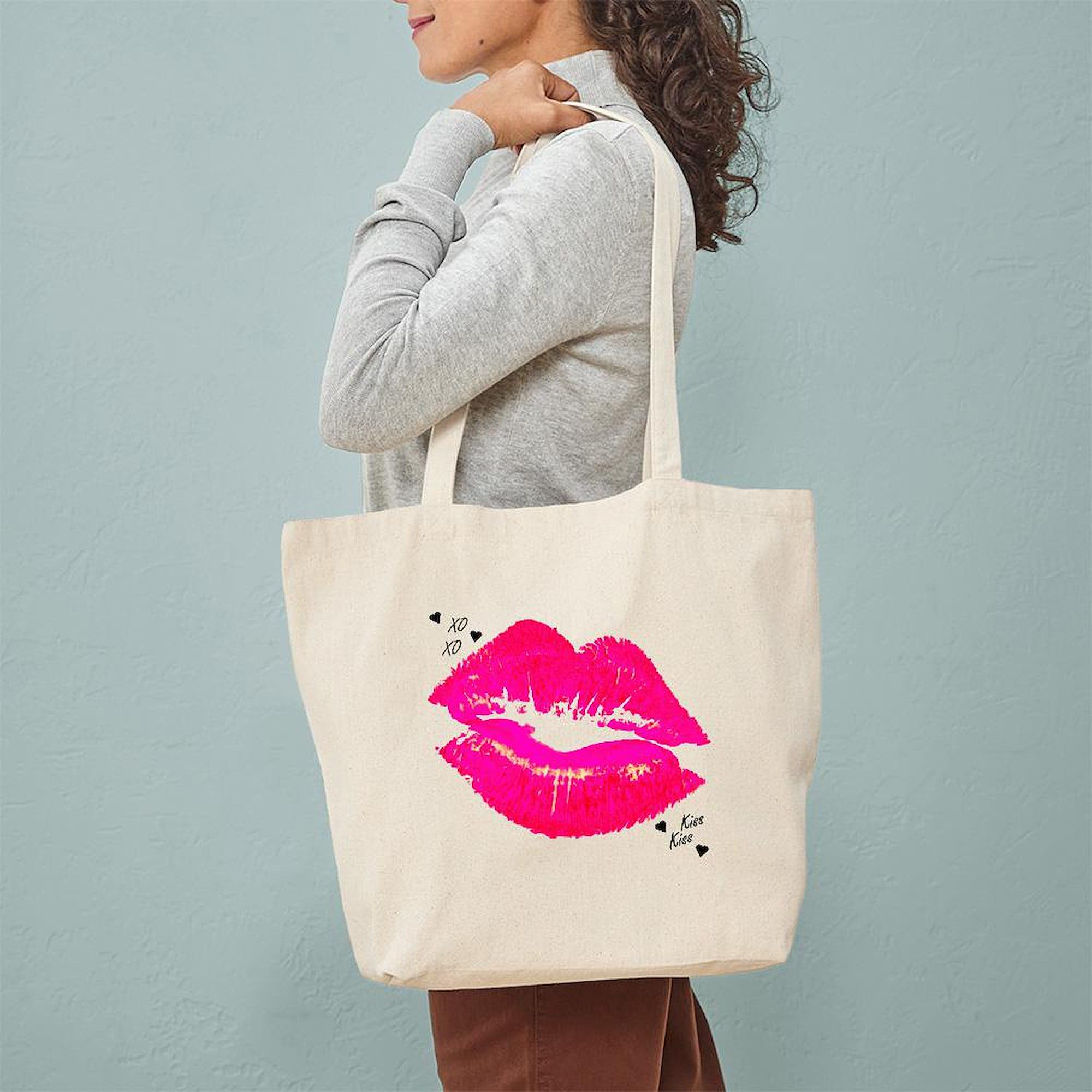 Stylish Lip Print Tote Bag - Natural Canvas Reusable Shopping Bag for Women | Eco-Friendly Grocery Tote, Beach Bag & Everyday Carry | Perfect for Shopping, Work & Travel