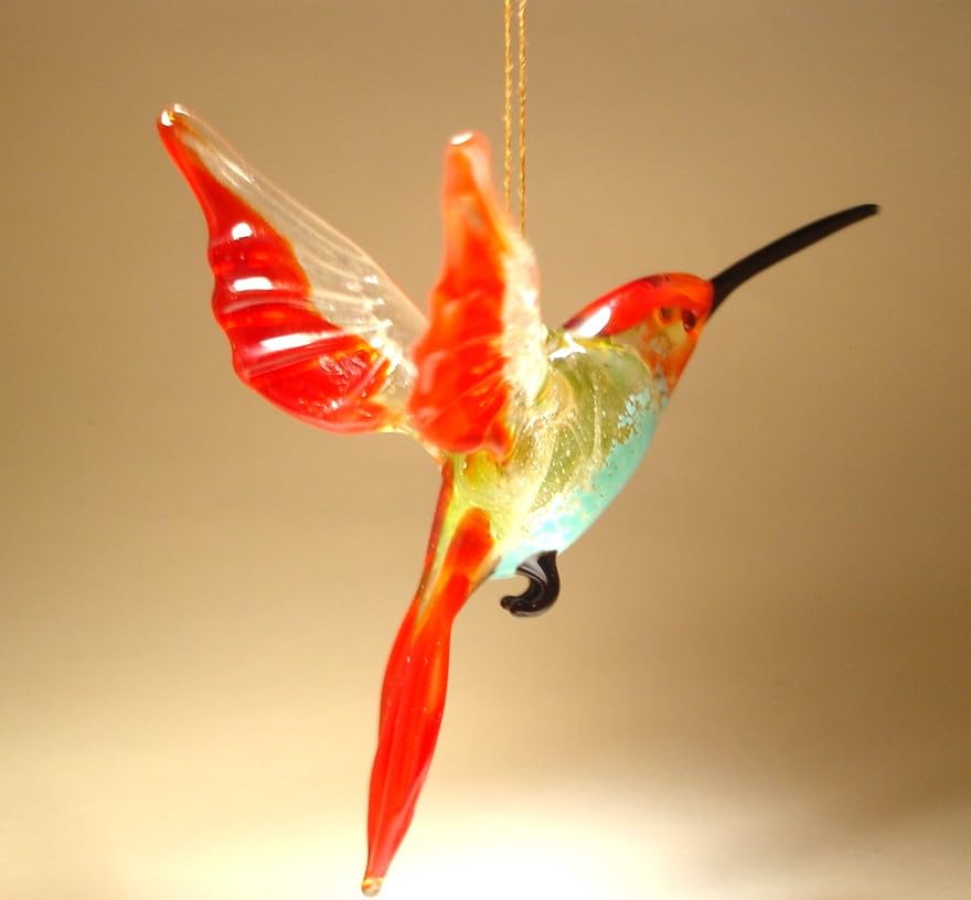 Red and Blue Glass Hanging Hummingbird Ornament - Handmade Garden Decor for Outdoor Patio, Yard, and Window Decoration - Perfect Gift for Bird Lovers