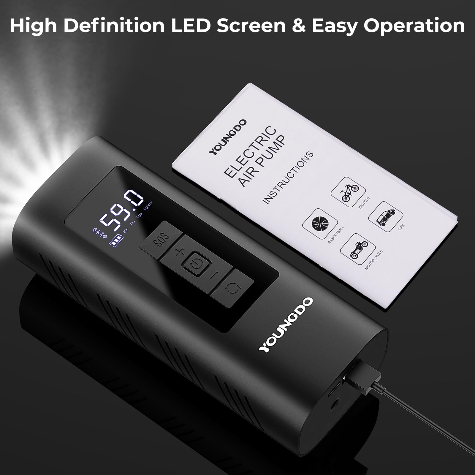 YOUNGDO 150 PSI Portable Air Compressor with Digital Pressure Gauge - 6000mAh Rechargeable Tire Inflator for Car, Motorcycle, Bike Tires & Sports Balls - USB-C Charging, Emergency Flashlight & Power Bank - Perfect for Road Trips, Camping & Home Use
