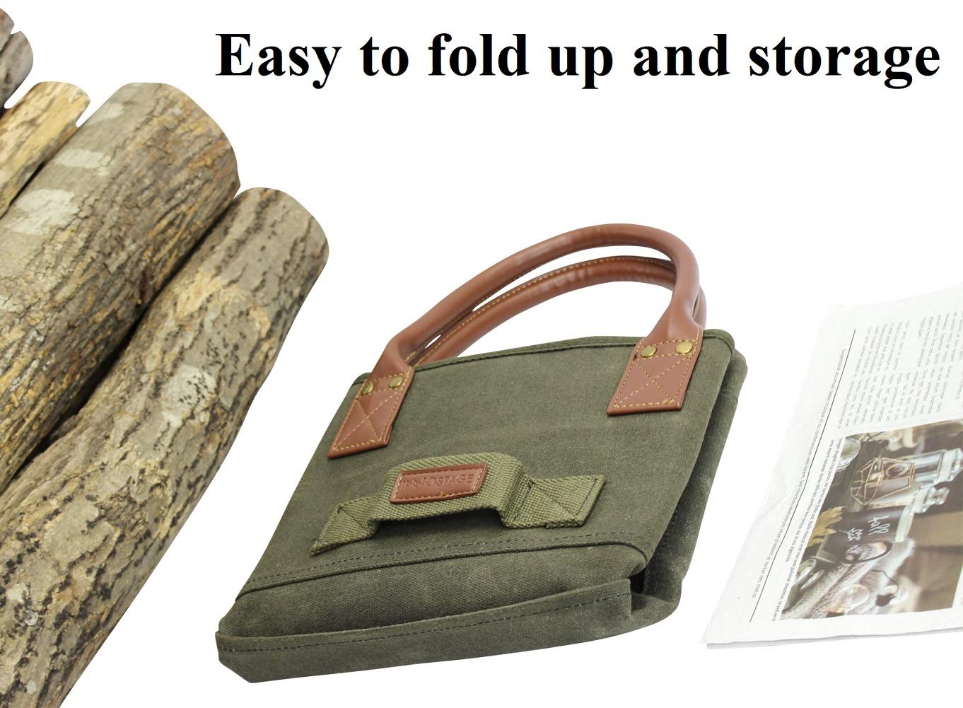 Premium Waxed Canvas Firewood Log Carrier Bag with Pure Leather Gloves - Heavy Duty Fireplace Accessories for Camping, Fireplace & Outdoor Use (Green)