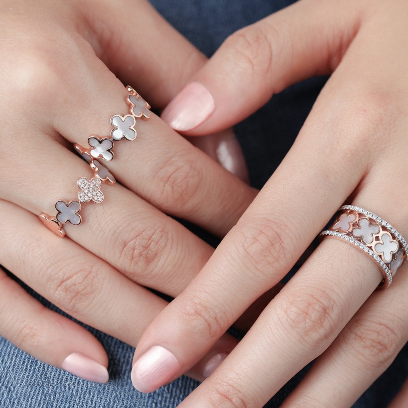 14k Rose Gold Diamond and Mother of Pearl Clover Eternity Ring - Elegant Stackable Band for Weddings, Anniversaries & Everyday Wear