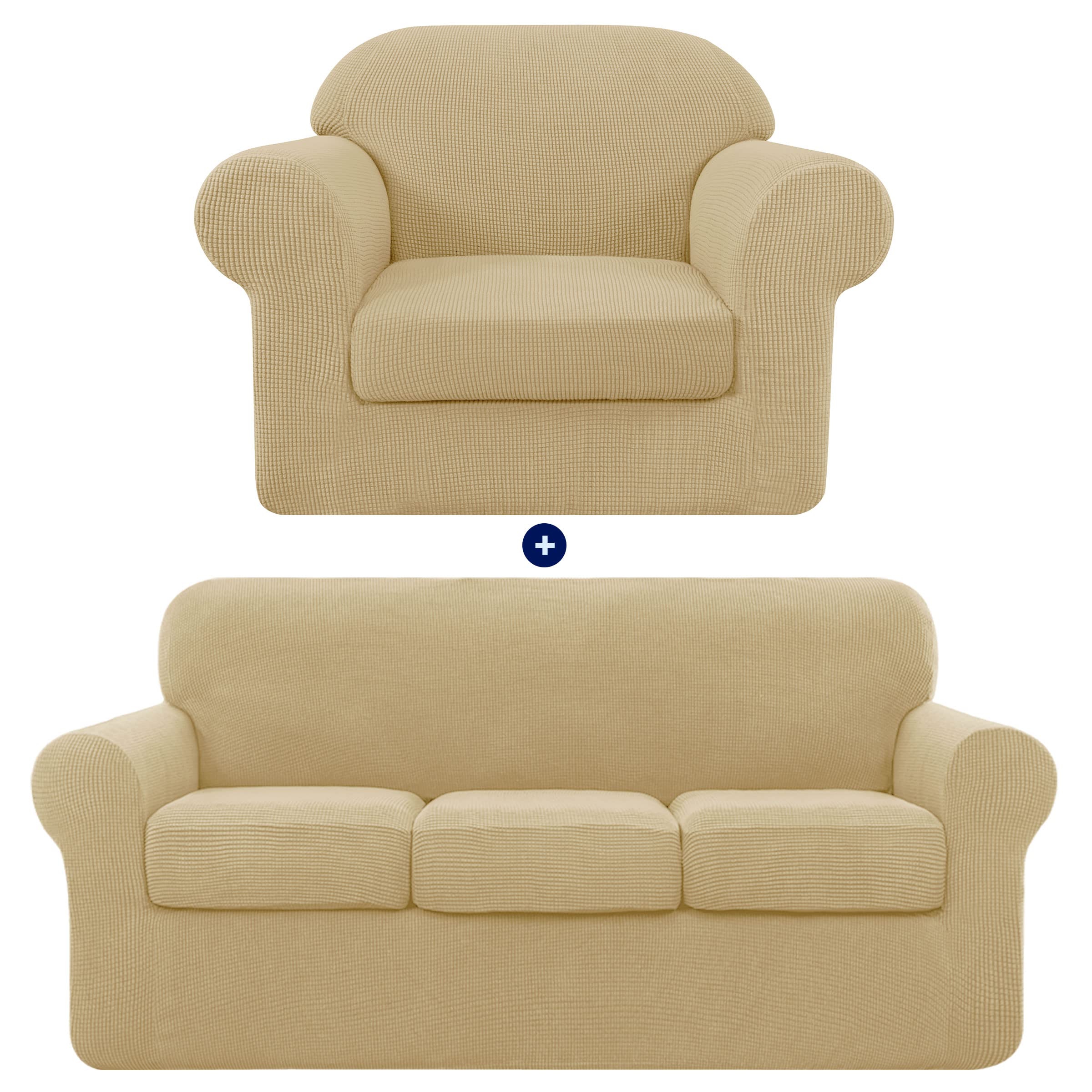 Subrtex Stretch Sofa Slipcover with Separate Cushion Covers - 1 to 3 Seater Couch Protector for Pets & Kids - Anti-Slip Furniture Cover (Small/Large, Sand Beige) - Perfect for Living Room, Family Room & Pet-Friendly Homes