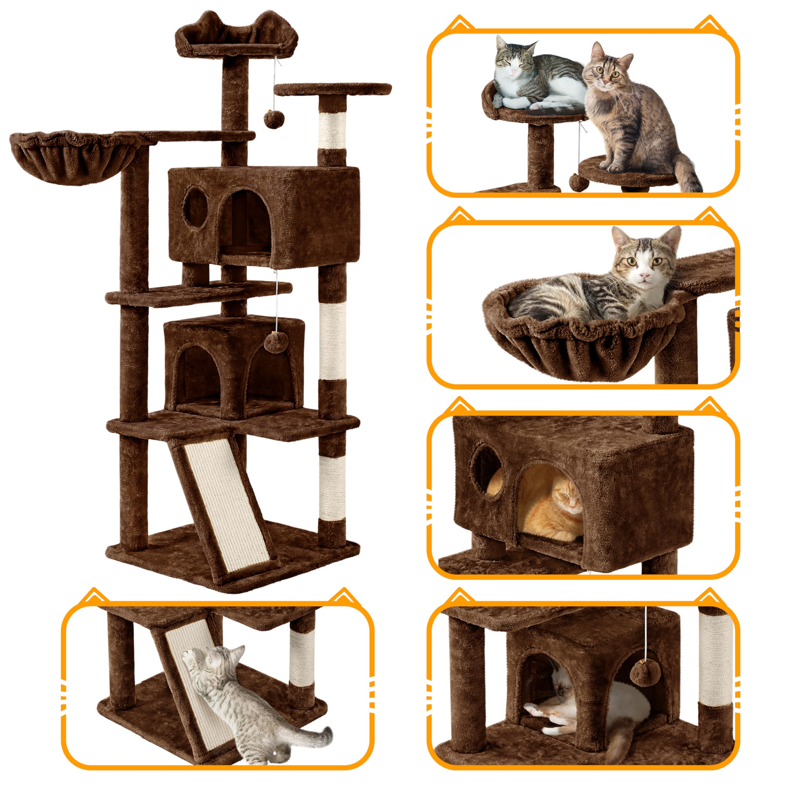 Topeakmart 57 Inch Tall Multi-Level Cat Tree Condo with Scratching Posts - Sturdy Kitten Tower & Playhouse for Indoor Cats - Perfect for Small Spaces & Apartments
