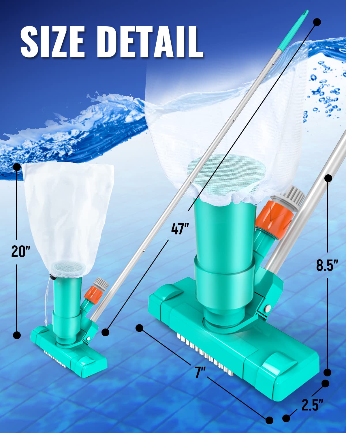Portable Above Ground Pool Vacuum Cleaner with 3 Scrub Brushes, Mesh Bag & 47