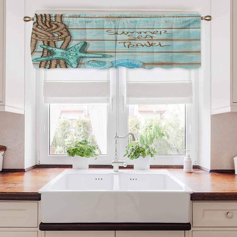 Starfish Valance Curtains - Nautical Rope Trimmed Window Treatments 54x18 Inches in Coastal Brown, Mint Green & Turquoise - Perfect for Beach House Decor, Summer Home Styling & Sea Travel Themed Rooms
