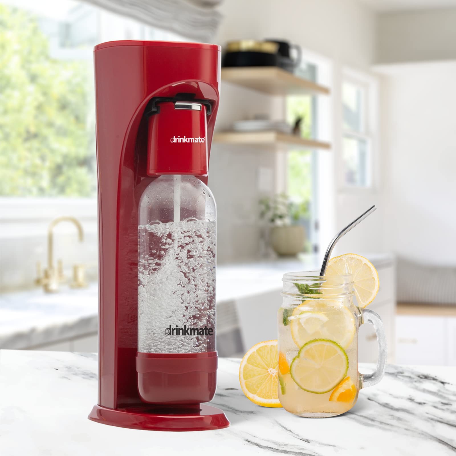 Drinkmate OmniFizz Sparkling Water & Soda Maker Machine - Carbonates Any Beverage with 60L CO2 Cylinder, 2 Carbonation Bottles & Fizz Infuser (Royal Red) - Perfect for Home, Office & Party Use