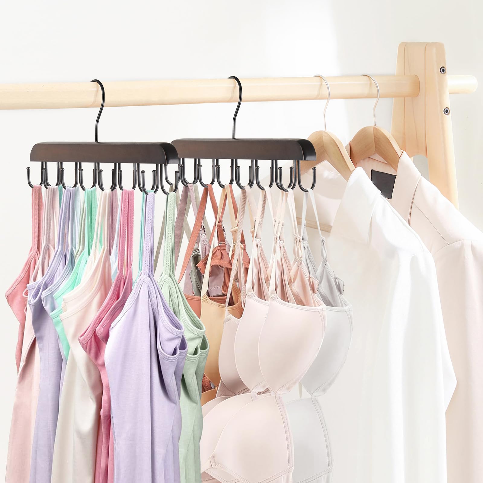 Mkono 14-Hook Wooden Bra Hanger - 360° Rotating Closet Organizer for Tank Tops, Belts, Sports Bras, Ties & Scarves | Space Saving Storage Solution for Home, Apartment & Dorm | Perfect for Small Closets, Laundry Rooms & Travel Organization
